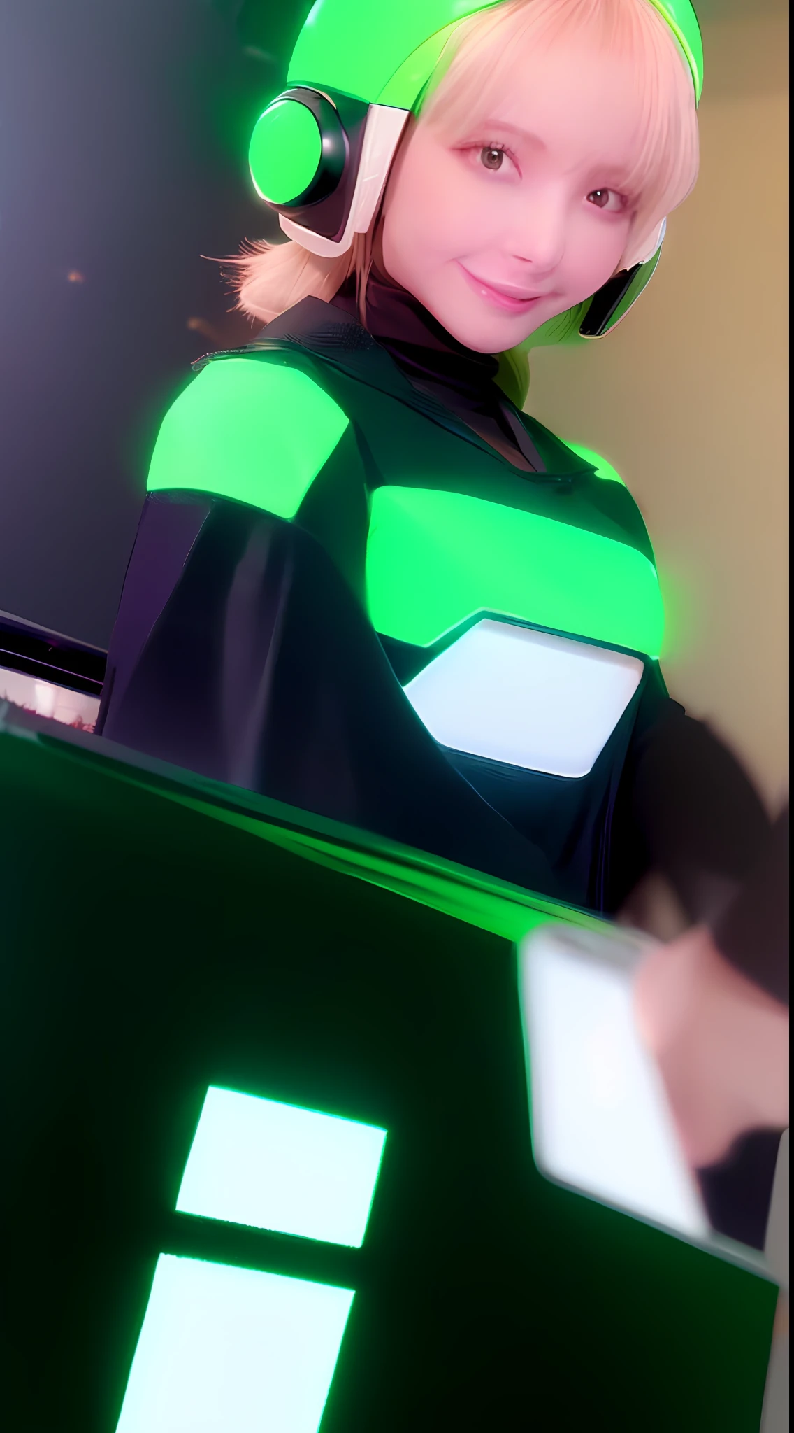 Highest image quality, outstanding details, ultra-high resolution, (realism: 1.4), the best illustration, favor details, highly condensed 1girl, with a delicate and beautiful face, dressed in a black and green mecha, wearing a mecha helmet, holding a directional controller, riding on a motorcycle, the background is a high-tech lighting scene of the future city.