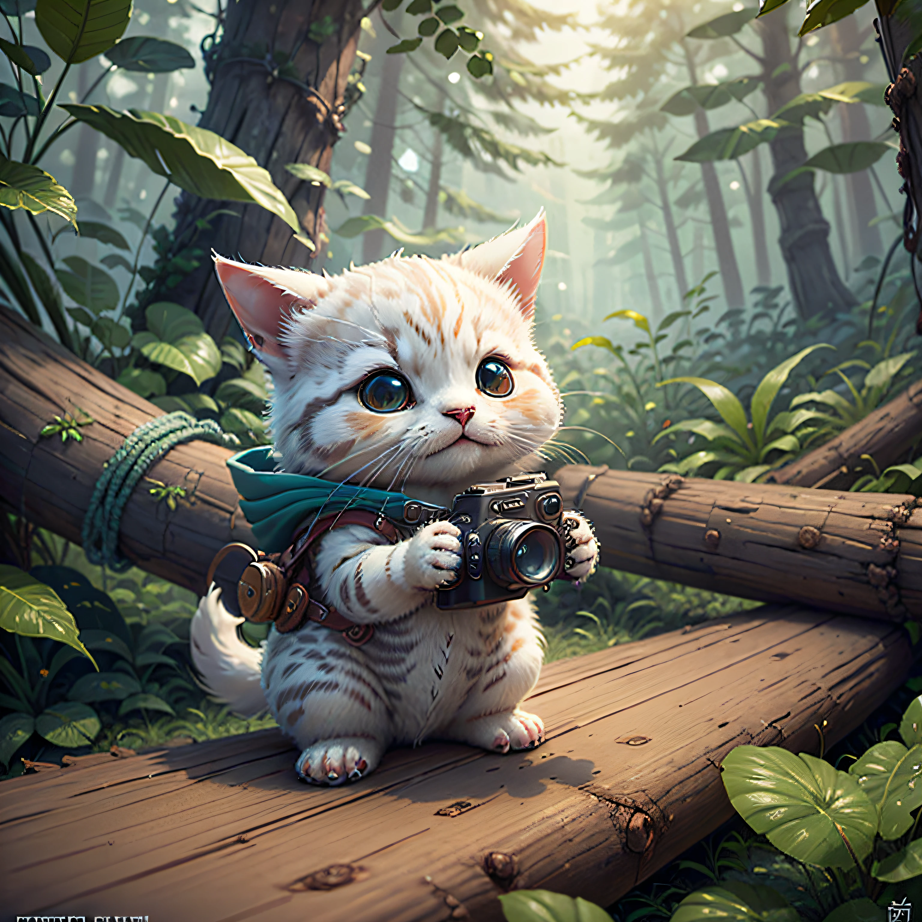 There is a little white cat sitting on a log with a camera, one eye to take pictures, cute digital art, cute digital painting, cute detailed digital art, cute 3 D rendering, cute cartoon characters, cute anthropomorphic rabbit, cute cartoon, cute detailed artwork, cute cute art, cute cute photos, cute animals, cute cute characters, cute creatures --auto --s2