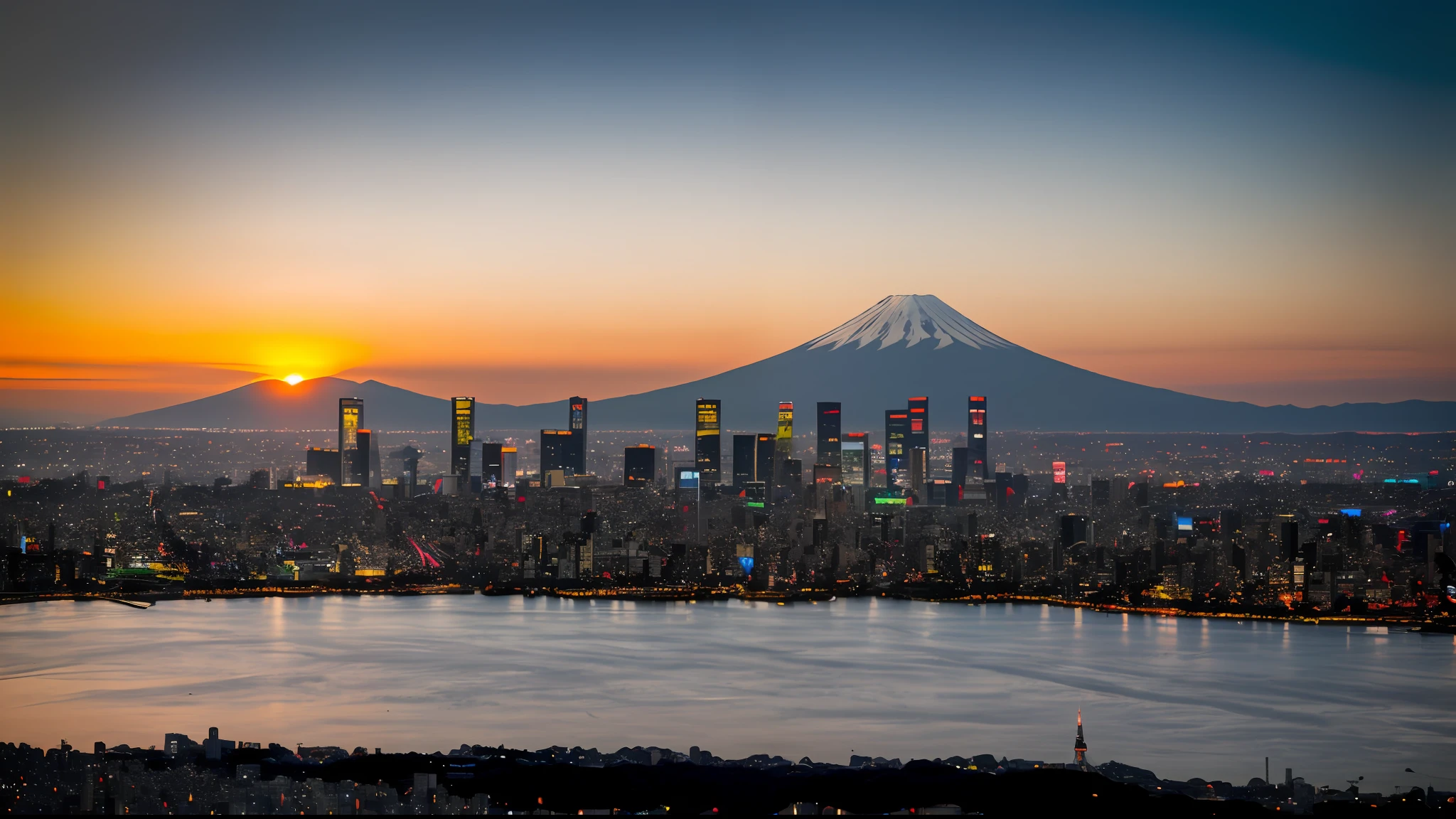 SunsetDusk、luci、Over Tokyo、Sky tree,,,,,、mount fuji、Movie lighting、depth offield、bokeh、realistness、PHOTOREALISTIC、Hyper Realism、professional photos、VFG、Dslr、VFG