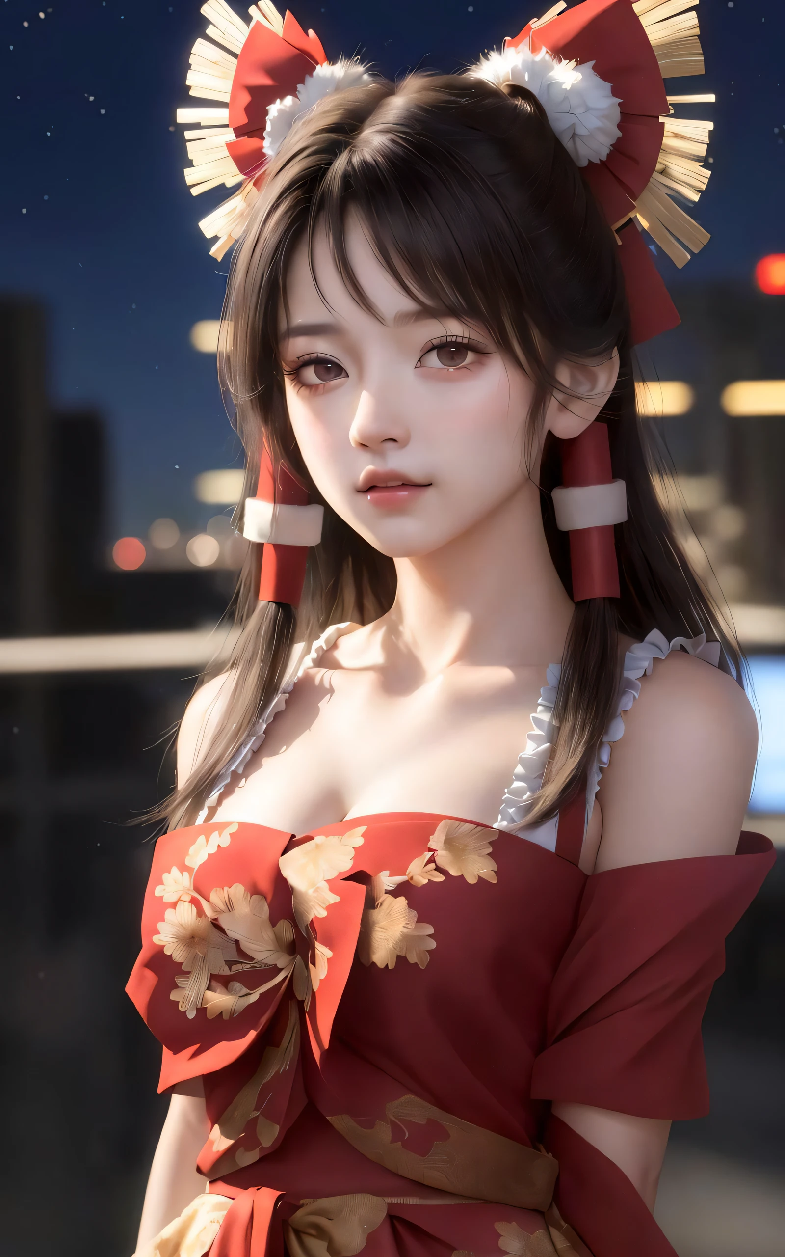 (masterpiece, best quality, ultra-detailed, highres:1.2), cinematic, cgi, photorealistic,
1girl, pretty, idol, (Hakurei Reimu:1.25), blush, natural skin texture, brown eyes,
intricate eyes, heavy eye makeup, posture, fighting, danmaku, magic, stylish clothes, dress,
highly detailed background, cyberpunk, city, street, night, stars, modern, futuristic, neon lights,