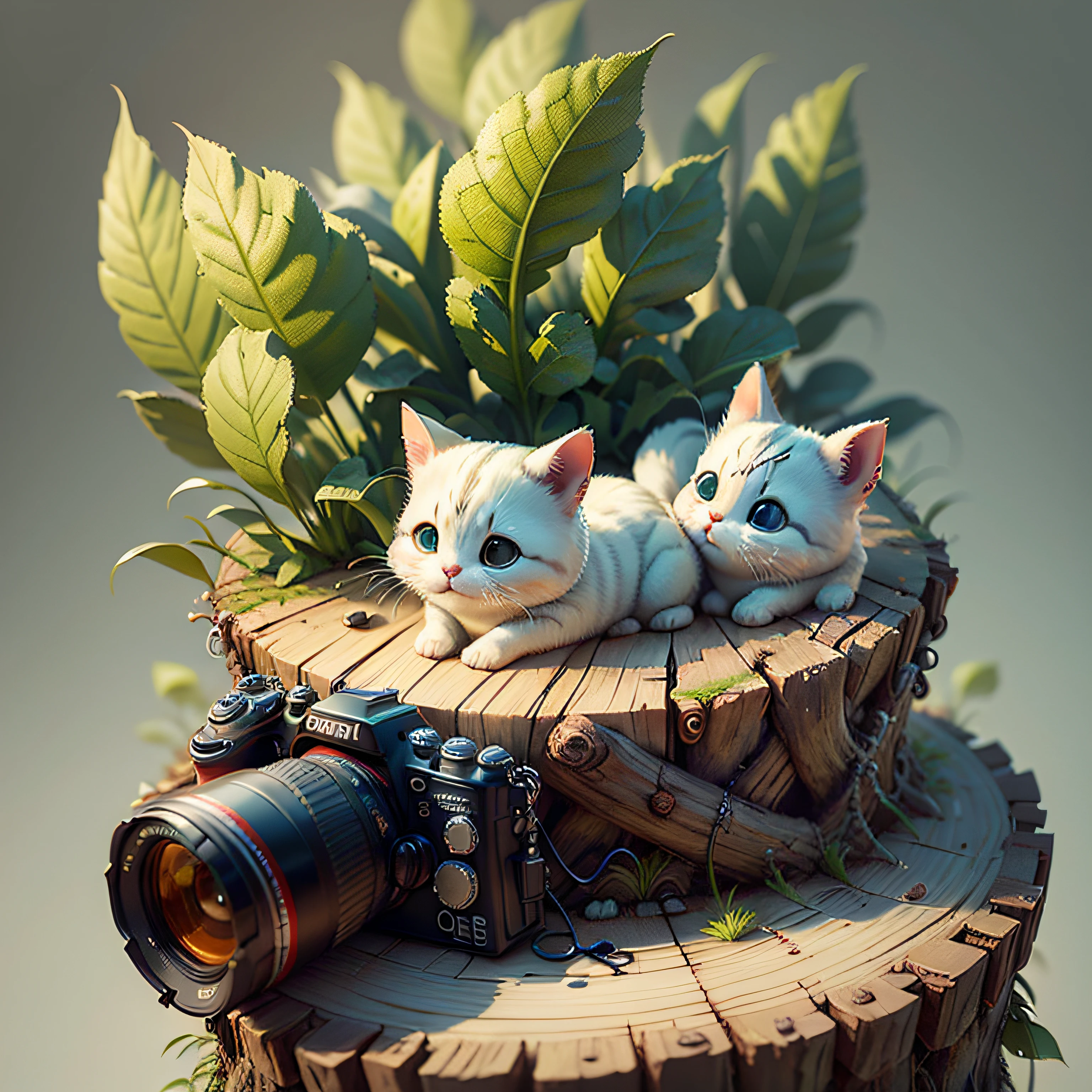 There is a little white cat sitting on a log with a camera, one eye to take pictures, cute digital art, cute digital painting, cute detailed digital art, cute 3 D rendering, cute cartoon characters, cute anthropomorphic rabbit, cute cartoon, cute detailed artwork, cute cute art, cute cute photos, cute animals, cute cute characters, cute creatures --auto --s2