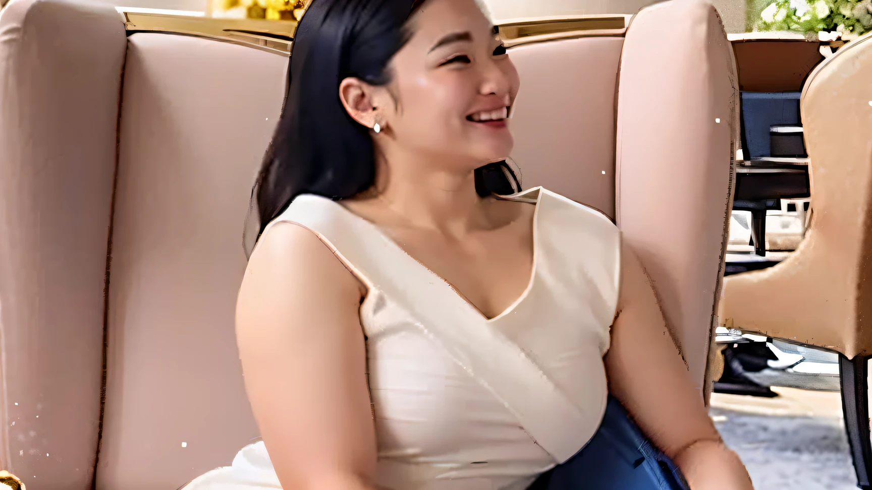 There was a woman sitting in a chair,Holding a blue purse, song hye - kyo, leaked image, mariko mori, xianxia, It's Ling, inspired by Zhang Yin, jackie tsai style, she is smiling, sha xi, gemma chen, katherine lam, Your, cindy avelino, leaked photo, Hirase-Lian Yanfang, Taking joy