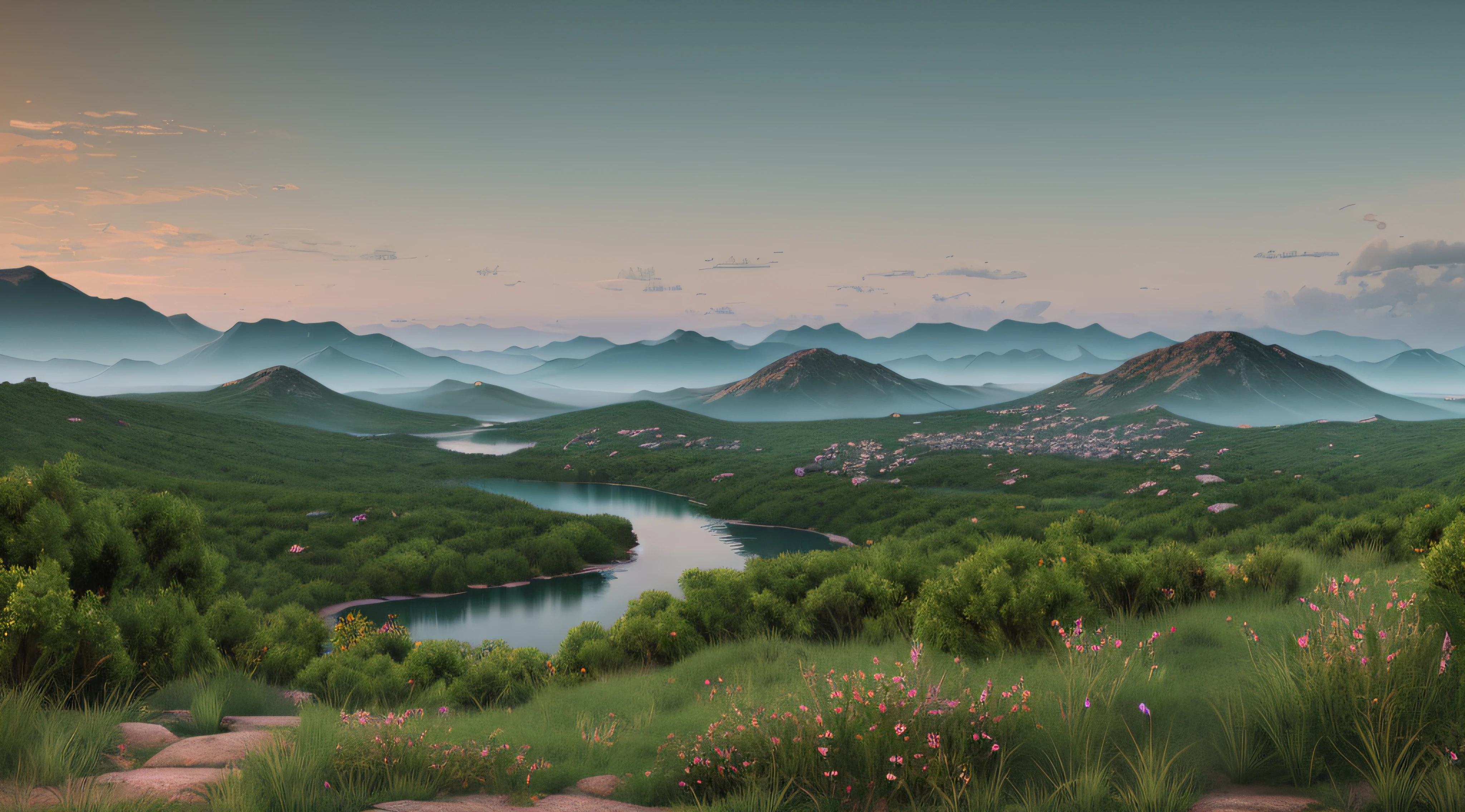 A peaceful place, very pleasant, aesthetic, calm, scenic. photorealistic, 8k uhd, studio quality, ultra realistic, max detail, massive scale, post-processing, realistic, photorealism, photoshop, photography, detailed, cinematic lighting, landscape, panoramic, landscape, raytracing, cinema4d