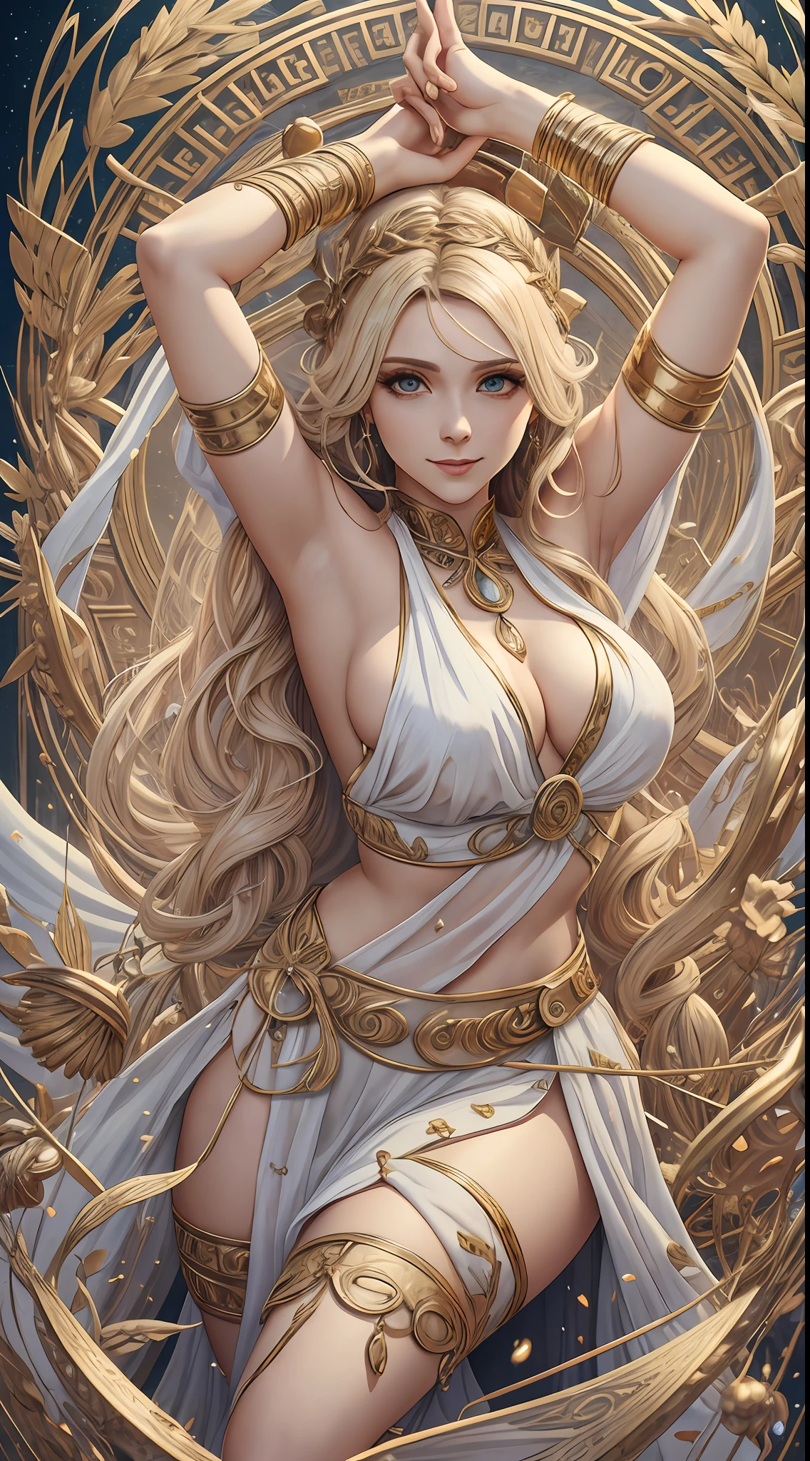 a mature female, ethereal, goddess, large breasts, vivid color, white greek peplos, golden hair, bare shouders, perfect female figure, arms up, armpits, thighs, light smile, expressionless,trending on Art Station, masterpiece, 8k resolution, fantasy art,