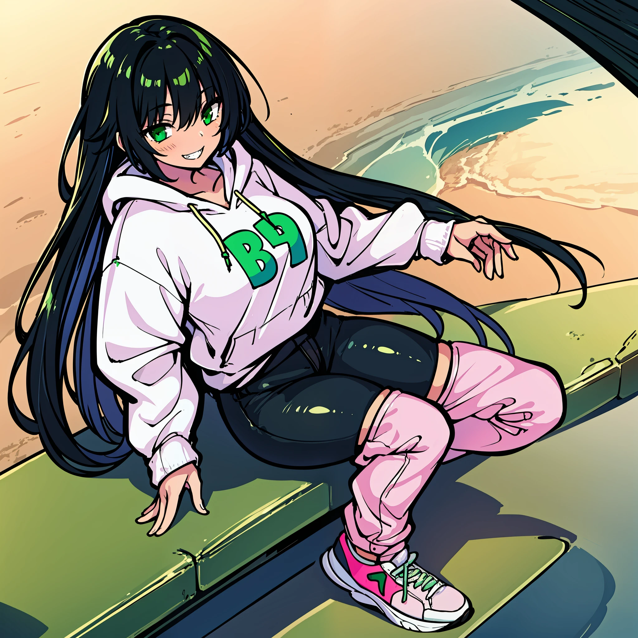 Adult female Human, light skin, grinning, black long hair, green eyes, wearing a white hoodie and black pants with pink sneakers, petting a black Masterpiece, high quality, 1girl, solo