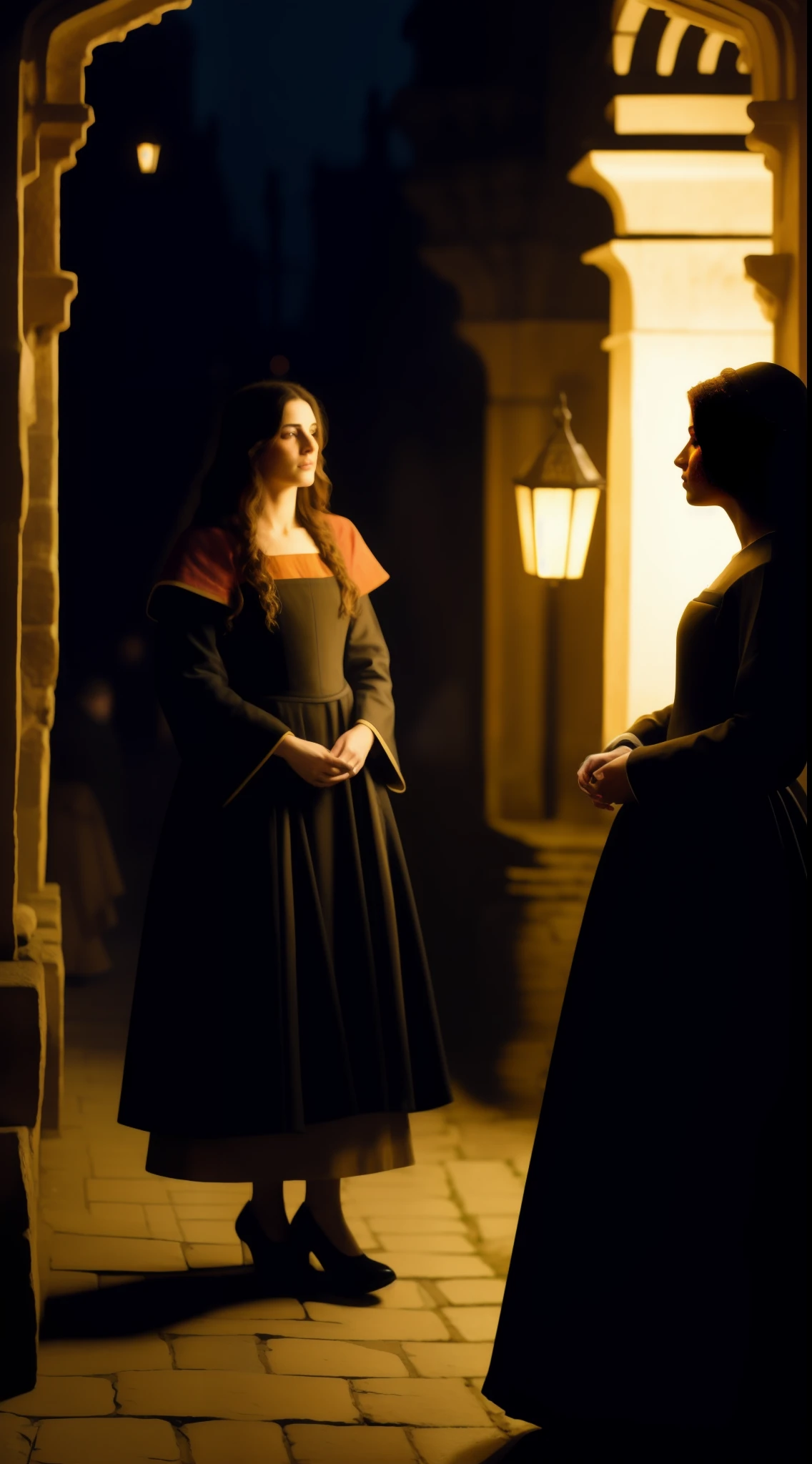 (best quality, high resolution, oil painting, official art:1.2, by Greg Rutkowski), a group of stunning women adorned in captivating 12th-century attire, illuminated by the faint glow of lanterns, standing in a dimly lit alleyway in Southwark, London, during the late evening hours, realistic portrayal capturing their beauty and grace, intricate details of their clothing, moody atmosphere, warm tones, hint of mystery, a glimpse into the 12th-century's allure.