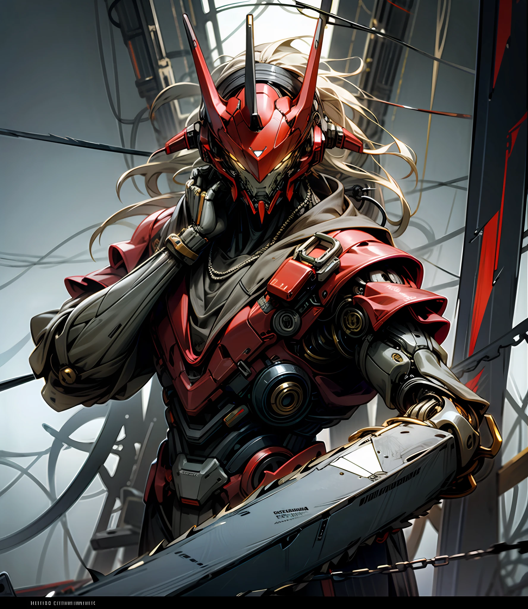 Dark_Fantasy,Cyberpunk,(chain saw,chain saw man,Red:1.1),1man,Mechanical marvel,Robotic presence,Cybernetic guardian,