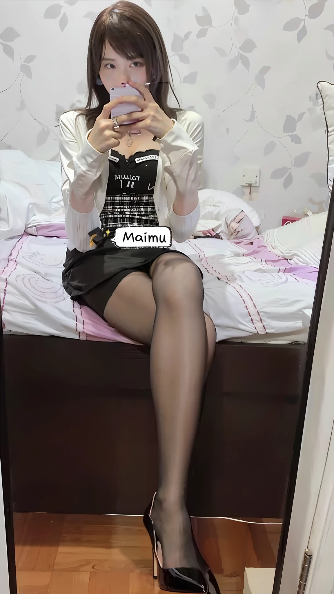 woman in black and white dress taking a selfie in mirror, wearing stockings, wearing stockings, thighhighs and skirt, outfit photo, she is about 20 years old, she is about 2 0 years old, wearing skirt and high socks, she is about 30 years old, she is about 3 0 years old, 1 8 yo,Touch your chest with both hands