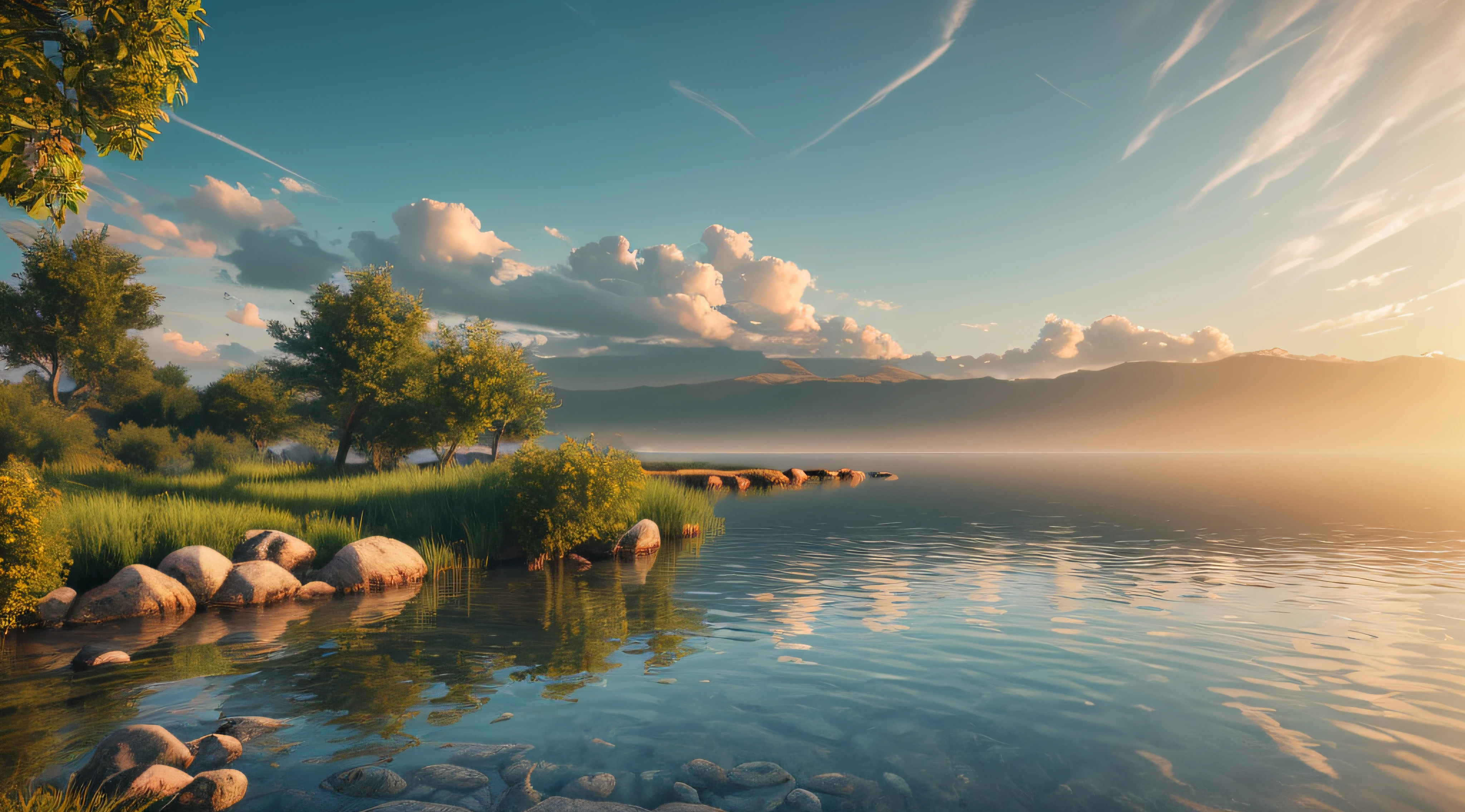 A peaceful place, very pleasant, aesthetic, calm, scenic. photorealistic, 8k uhd, studio quality, ultra realistic, max detail, massive scale, post-processing, realistic, photorealism, photoshop, photography, detailed, cinematic lighting, landscape, panoramic, landscape, raytracing, cinema4d