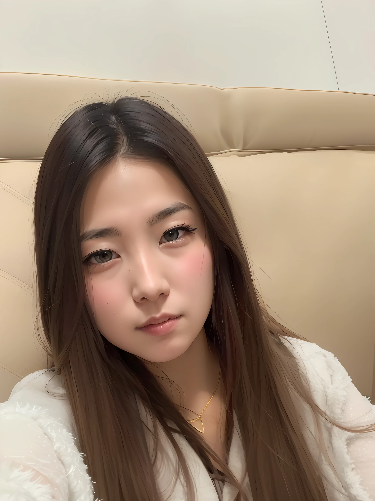 A woman dressed in white，long hair shawl，He has big eyes and a tall nose，A gold necklace is worn around his neck。请生成一张4K画质的图片。
