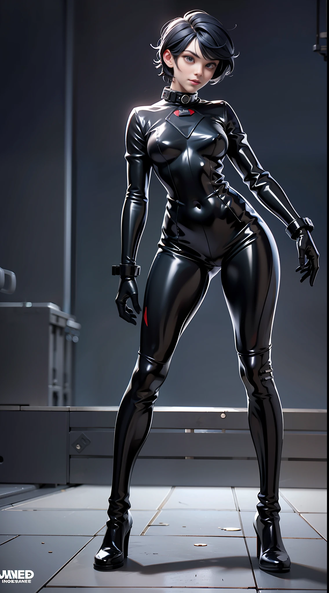 solo, super fine photo, full body picture Unreal Engine 5 8K UHD of a girl in a skin tight futuristic black latex Evangelion plug suit, slick black catsuit, black iconic character, smooth black skin, black body, PVC, glossy latex suit, rubber suit, rubber belts, collar, rubber glove, high boots, arm and leg cuffs, straps, best quality, masterpiece, official art, unified 8k wallpaper, super detailed, sharp focus, girl and sexy pose, body parts