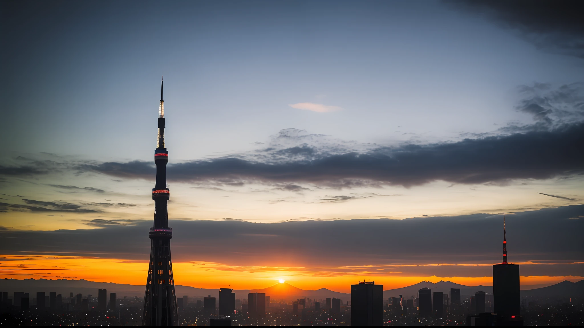 SunsetDusk、luci、Over Tokyo、Sky tree,,,,,、mount fuji、Movie lighting、depth offield、bokeh、realistness、PHOTOREALISTIC、Hyper Realism、professional photos、VFG、Dslr、VFG