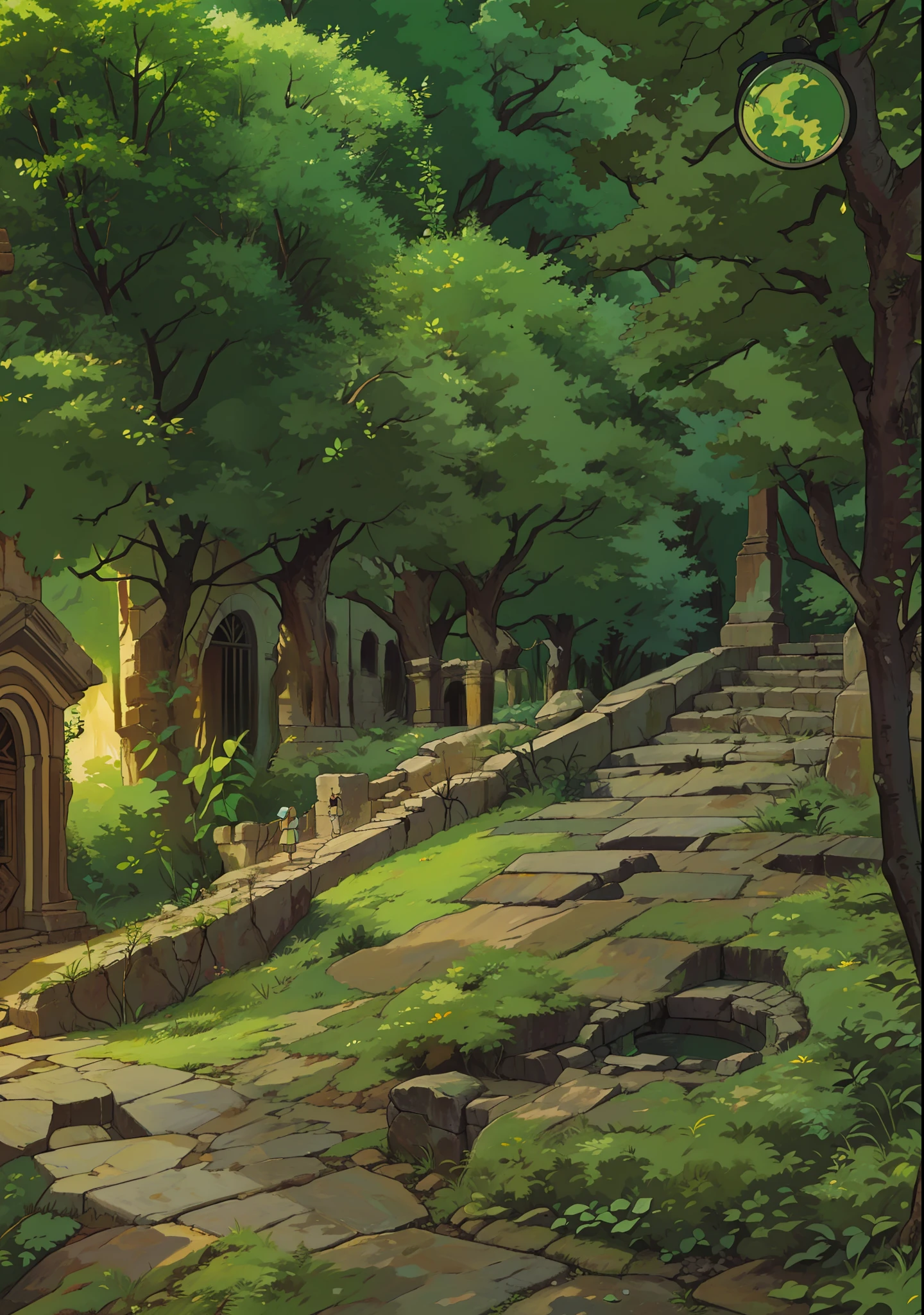 (ancient ruins, covered by time and vegetation) (on a forest trail) (with large trees) (secret passage) (best quality) (masterpiece) (perfect portrait)