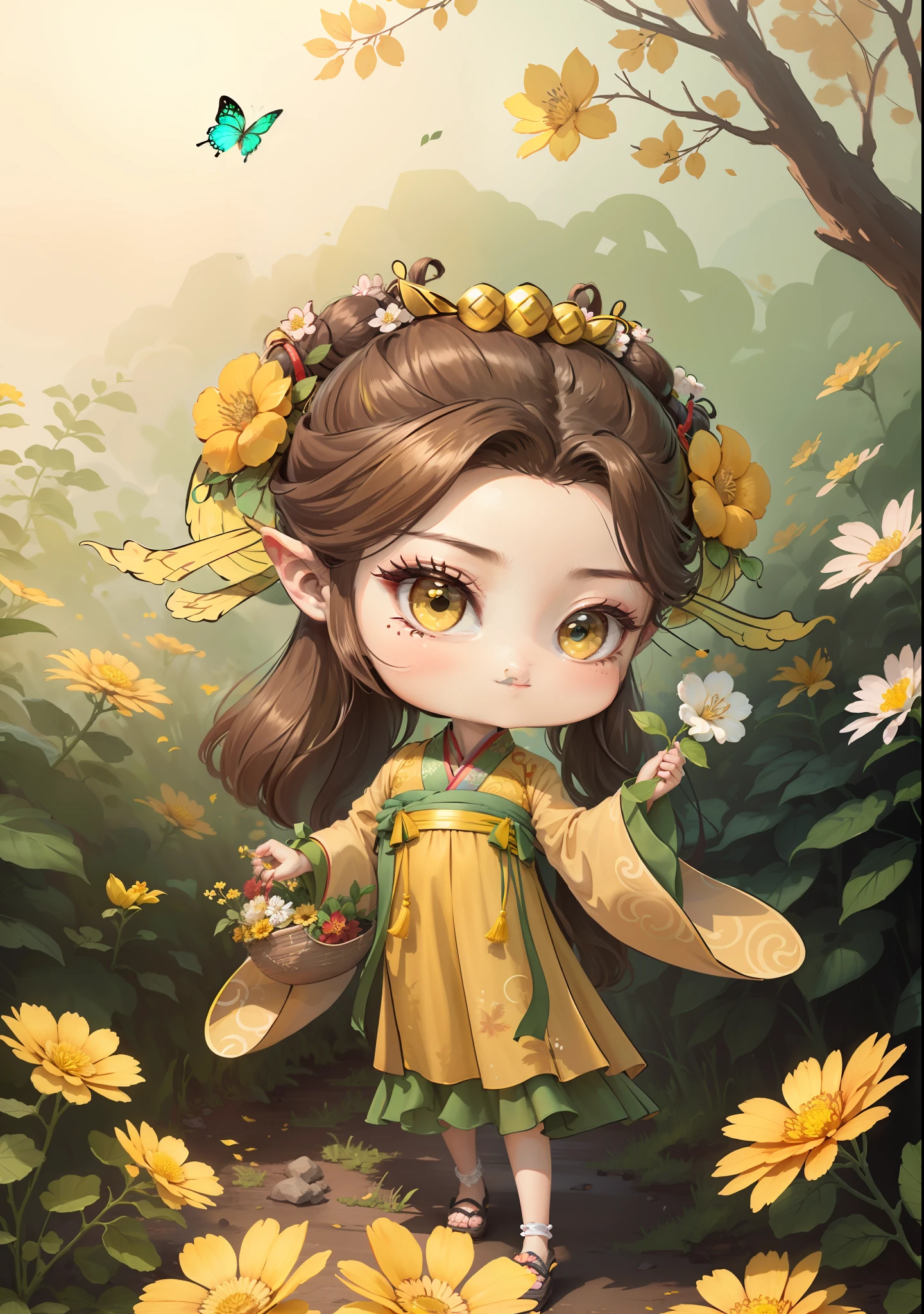 A Chinese girl in Hanfu,One hand holding a flower basket,Holding a flower in one hand,The butterfly,autumn,Dealing with the heat,dark brown hair,Ancient Chinese hair buns,pattern,Yellow-green color scheme,On both sides of the hair are flower hair accessories,Some metallic flower headdresses,The color block is clear,Bright colors,arte de linha,unlimited details,Fine painting,Beautifully portrayed,空白背景 8k