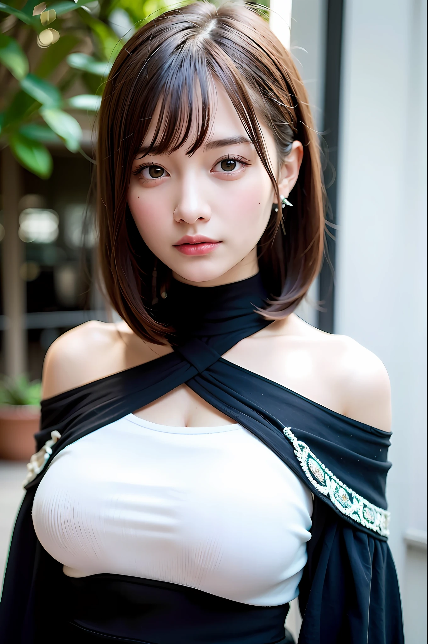 best quality, ultra high res, (photorealistic:1.4), 1girl, off-shoulder white shirt, black tight skirt, black choker, (faded ash gray hair:1), (huge breasts:1.2), looking at viewer, closeup ,