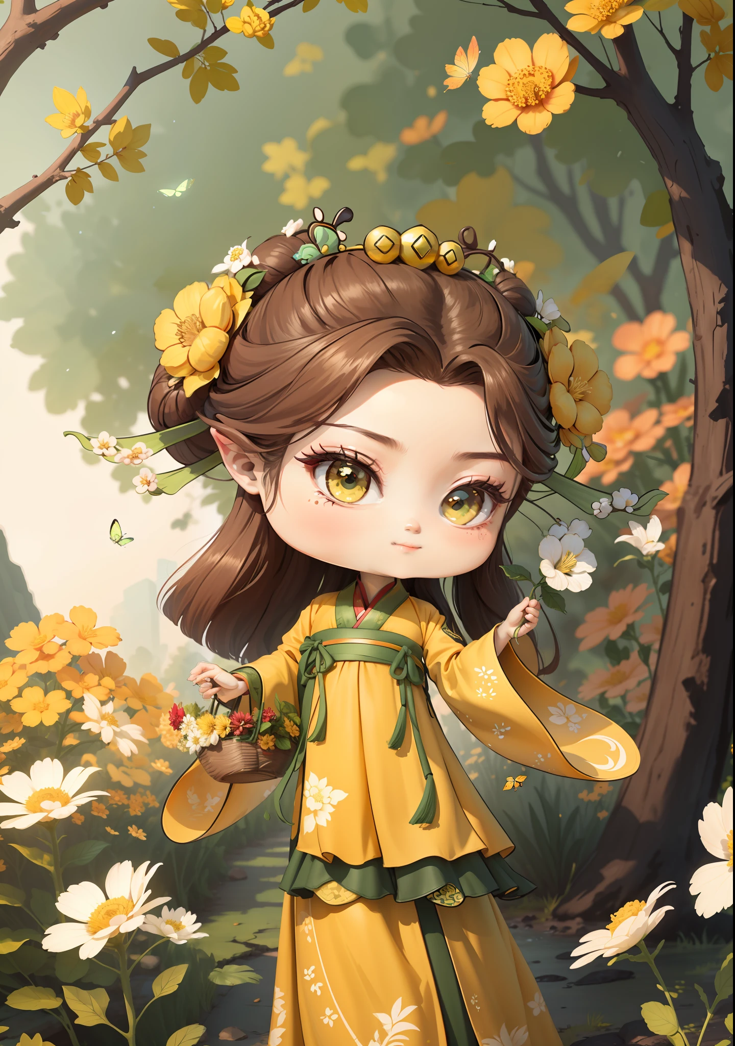 A Chinese girl in Hanfu,One hand holding a flower basket,Holding a flower in one hand,The butterfly,autumn,,Dealing with the heat,dark brown hair,Ancient Chinese hair buns,pattern,Yellow-green color scheme,On both sides of the hair are flower hair accessories,Some metallic flower headdresses,The color block is clear,Bright colors,arte de linha,unlimited details,Fine painting,Beautifully portrayed,空白背景 8k