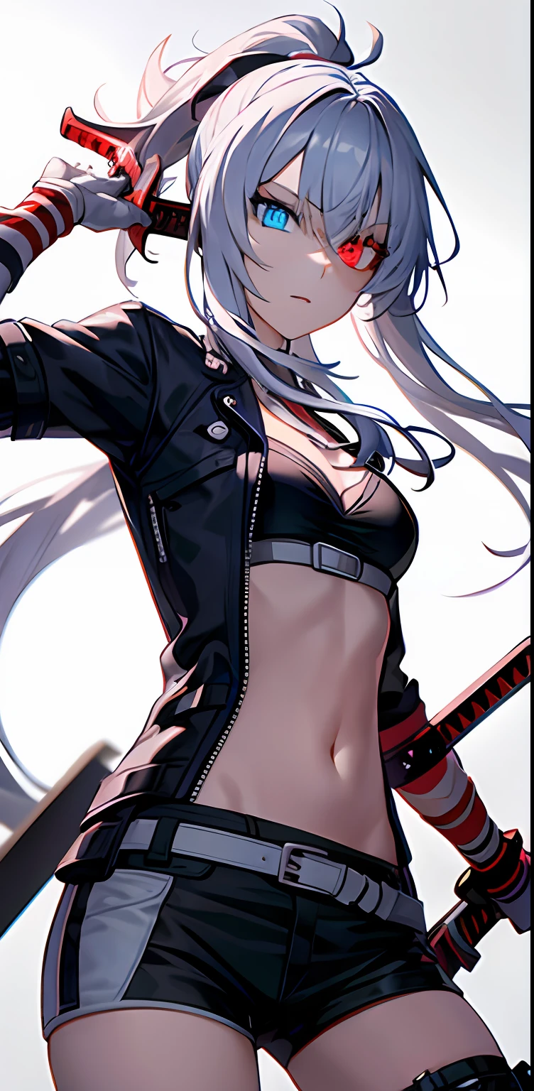 upper  body，solo focus，（scenecy：1.3），wispy hair，movie angle，Posture changes，1girl，（Grafiti：1.48），BREAK，（redeyes|Blue eyes），Long White Hair，waistband，glowing with，Hair between the eyes，heterochromia, holding, holding_sword, holding_weapon, jacket, medium_breasts, navel, shorts, sword, thigh_strap, thighhighs, Emoticon face，Open lips，