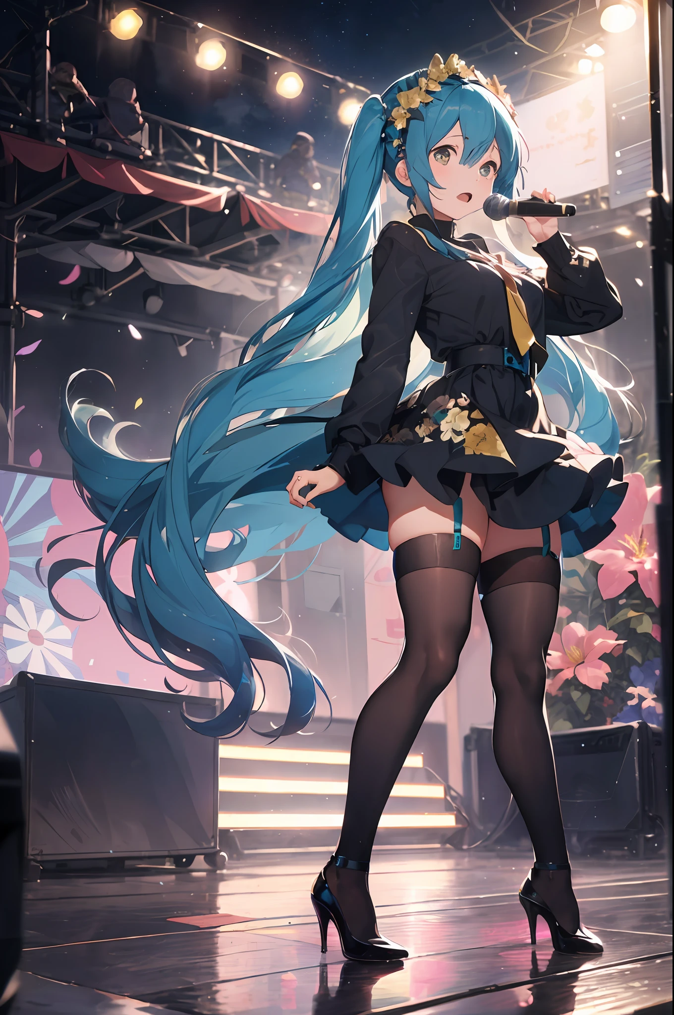 ps \(medium \), 1 girl, high quality, best quality, Hatsune Miku, blue hair, small breasts, long hair, (prominent pupil :1.2), (long black dress :1.8, flower, gilt decoration, high heels, floral headdress), (Singing, microphone, holding microphone in both hands, sad mood), (stage, large outdoor stage, dim, Spotlight, breeze, fluttering hair), (whole body :1.8), night, stretch legs, (face :2.0), side face :1.8, pose, playing electricity guitar:1.4, (Passers-by, spectators, blur:1.3)