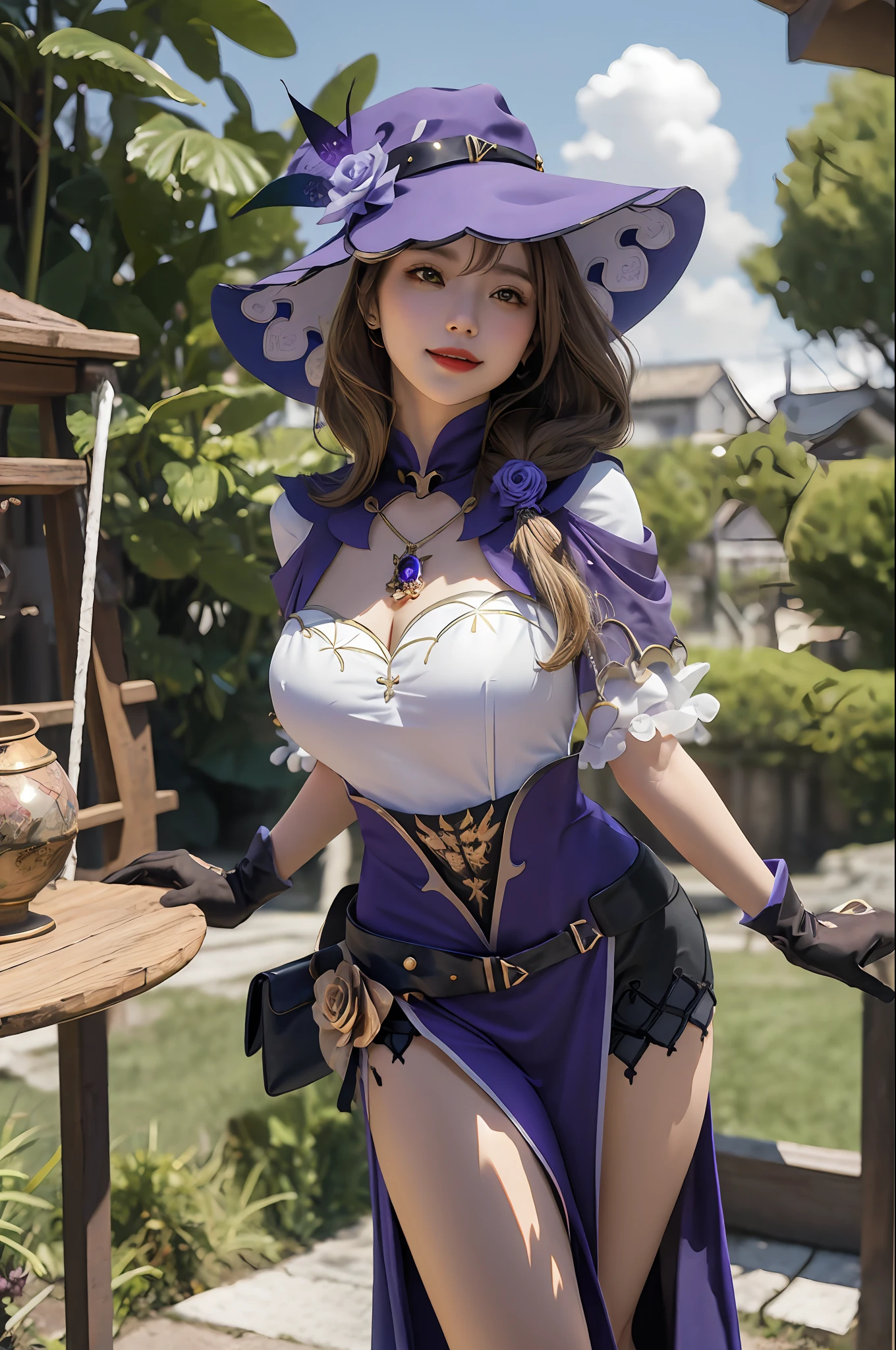 master masterpiece，, best best quality, LISA \(Genshin impact\),1girl, Sorrisos,,mittens,witch hat, GREEN eyes, vision (Genshin impact), thicc thighs, fior、, cleavage, brown  hair, black thigh, rose,  Breasts Large, purple rose, hat flower,  multicolored dress, pelvic curtain, jewelry, purple dress,long hair, capelet, colorful clothes, purple capelet,magic,purple electricity,electricity ball,out door