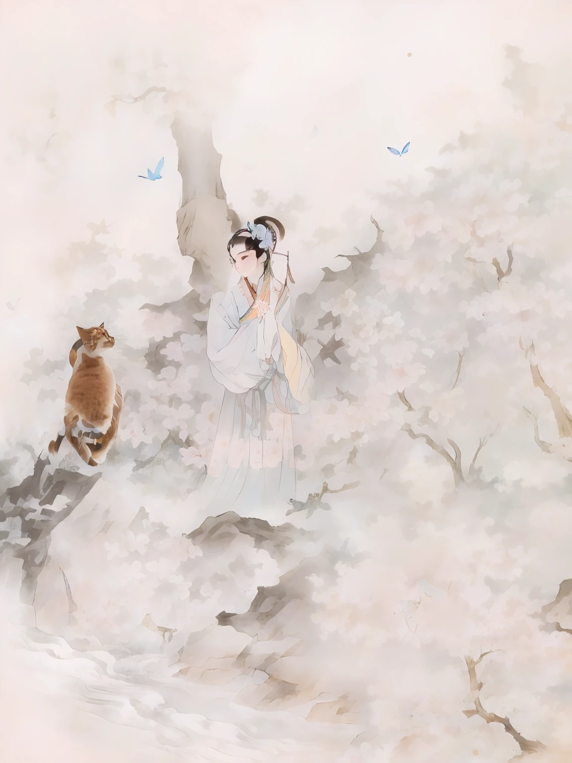Illustration style, overhead view, dynamic angle, ultra-detailed, close-up shot of a girl with blue eyes, brown hair, and cat ears wearing a pink Miko outfit (1.4) and white stockings. She has bangs, an aura above or behind her head, and is looking at the viewer with a slight smile while showing her bare shoulders. The girl's hands are hidden behind her back while standing upright. She wears a cherry blossom hair accessory ([[0.55]::0.85]) and is surrounded by falling cherry blossoms, flowing water, a beautiful cherry blossom tree, and flying translucent blue butterflies (1.15). The scene is set near a shrine gate with ultra-detailed ruins in the background, an abysmal sea, and a dull blue world tree (1.14). The girl's delicate fingers and hands are emphasized with yubao (0.5). --auto