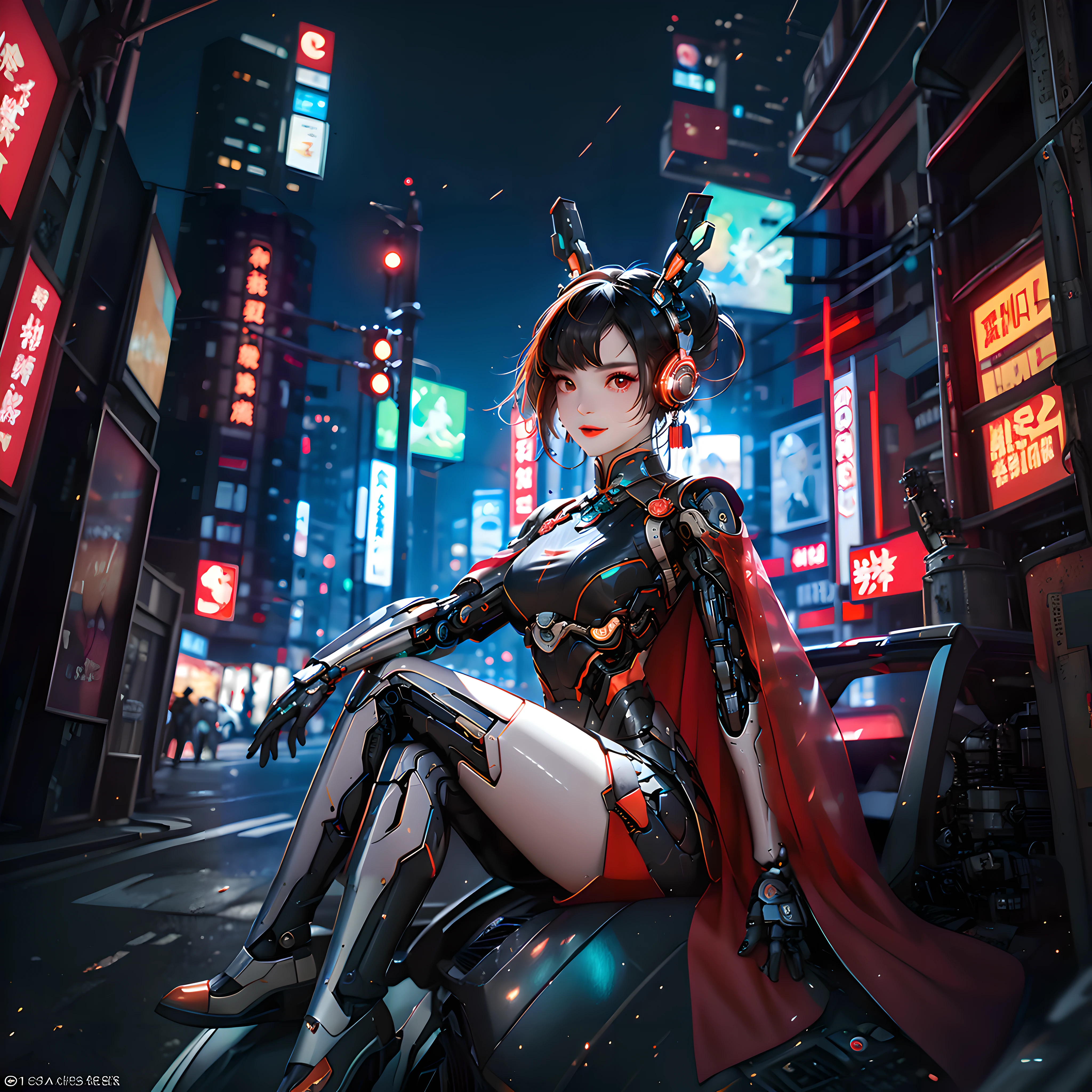 anime girl in a red cape and black outfit sitting on a car, cyberpunk anime girl mech, digital cyberpunk anime art, trending on cgstation, female cyberpunk anime girl, cyberpunk anime girl, digital cyberpunk - anime arts, anime cyberpunk art, girl in mecha cyber armor, cyberpunk geisha, perfect anime cyborg woman, very beautiful cyberpunk samurai, in the cyberpunk city