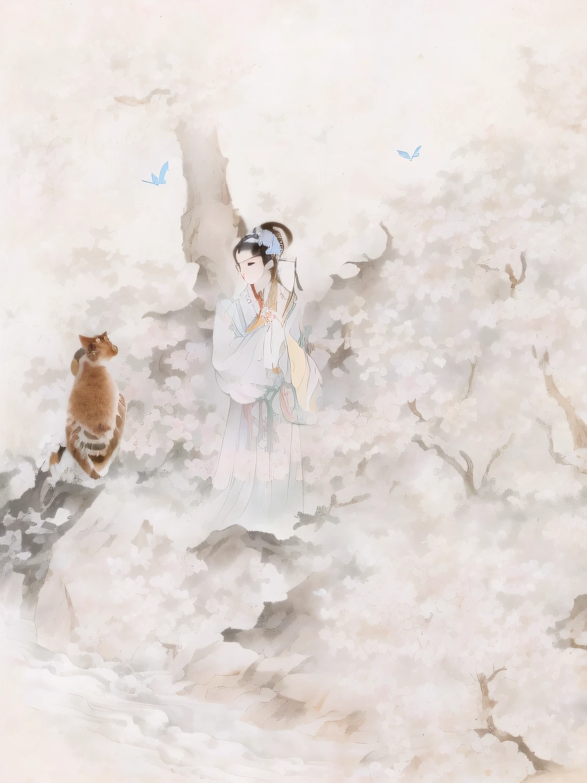 Illustration style, overhead view, dynamic angle, ultra-detailed, close-up shot of a girl with blue eyes, brown hair, and cat ears wearing a pink Miko outfit (1.4) and white stockings. She has bangs, an aura above or behind her head, and is looking at the viewer with a slight smile while showing her bare shoulders. The girl's hands are hidden behind her back while standing upright. She wears a cherry blossom hair accessory ([[0.55]::0.85]) and is surrounded by falling cherry blossoms, flowing water, a beautiful cherry blossom tree, and flying translucent blue butterflies (1.15). The scene is set near a shrine gate with ultra-detailed ruins in the background, an abysmal sea, and a dull blue world tree (1.14). The girl's delicate fingers and hands are emphasized with yubao (0.5). --auto