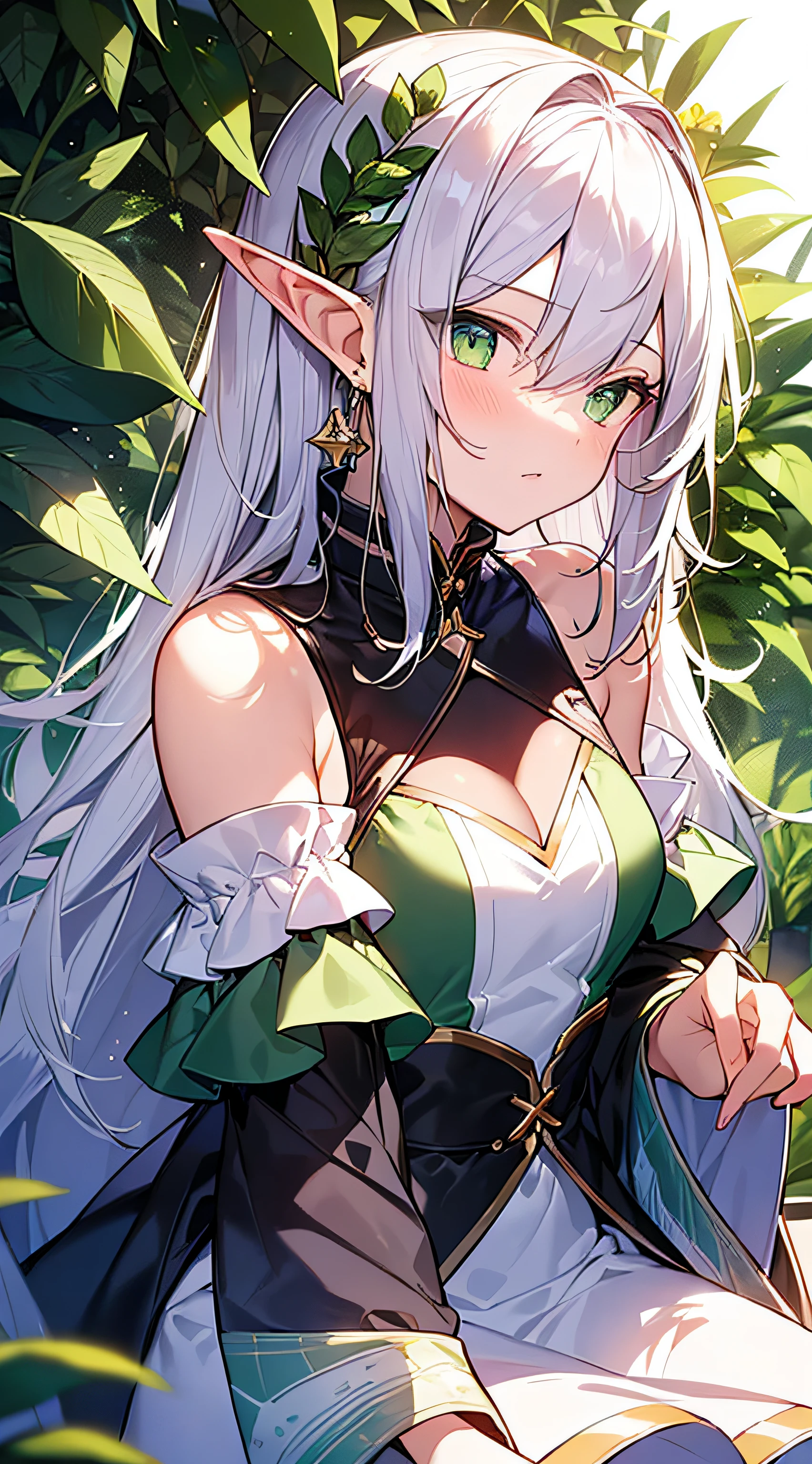 master masterpiece,, Superb Painting, illustration, 1 girl, cute, (Dynamic Light: 1.2), cinematic light, Delicate Facial Features, (pretty eyes: 1.2), (Bright Green Eyes: 1.233), Waterfall Braid, extra long white hair, elf ears, depth offield、, background bokeh, Crisp focus, (super detailed, aura,, glow: 1.4), Long White Hair, beautiful girly face, fair, medium, (bare shoulders: 1.1), 1.1), dress, trimmed white, delicate gorgeous, (slit sleeves, wide sleeves), leafy green hairpin