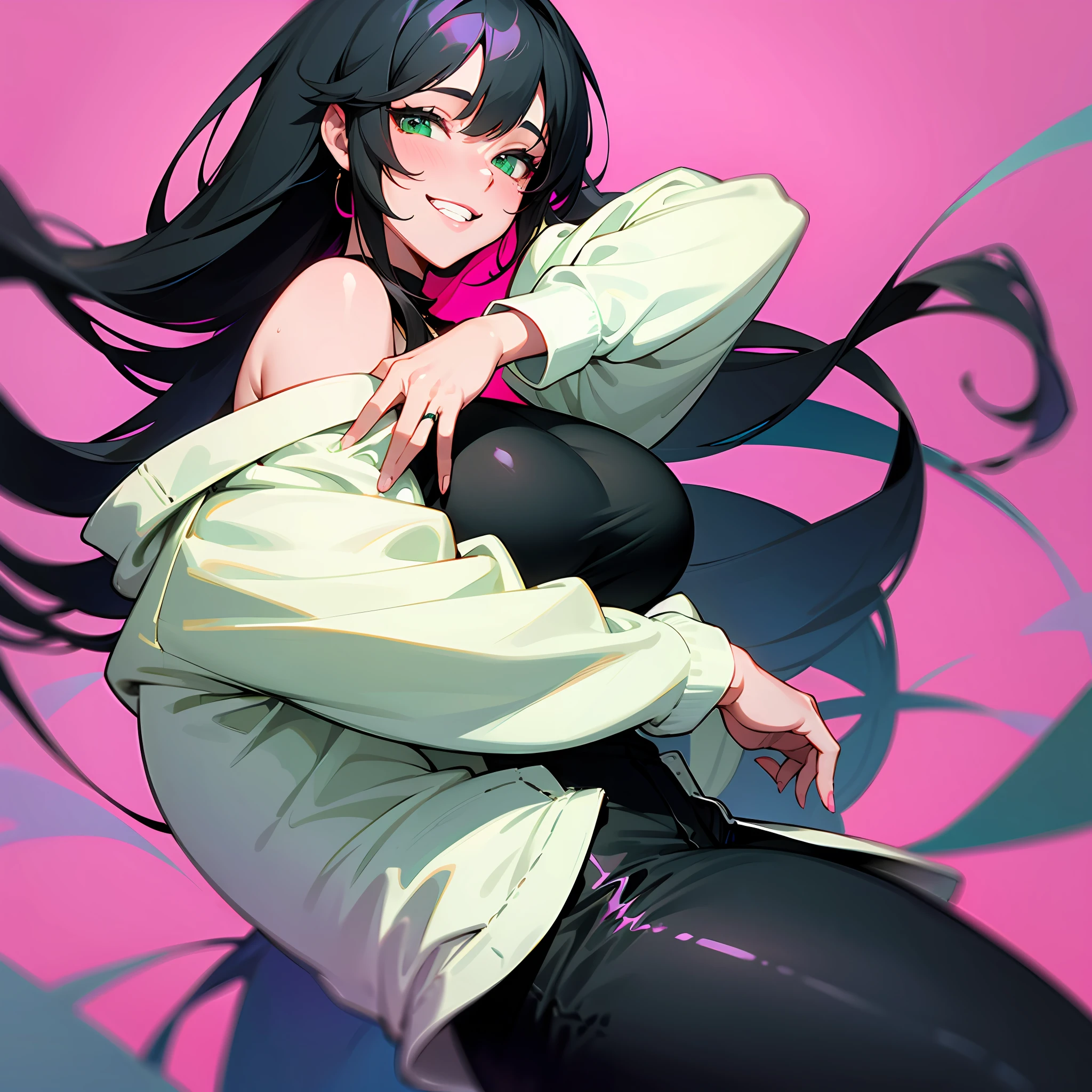 Sexy, thicc, adult female Human, light skin, grinning, black long hair, green eyes, wearing a white hoodie and black pants with pink  Masterpiece, high quality, 1girl, solo --auto