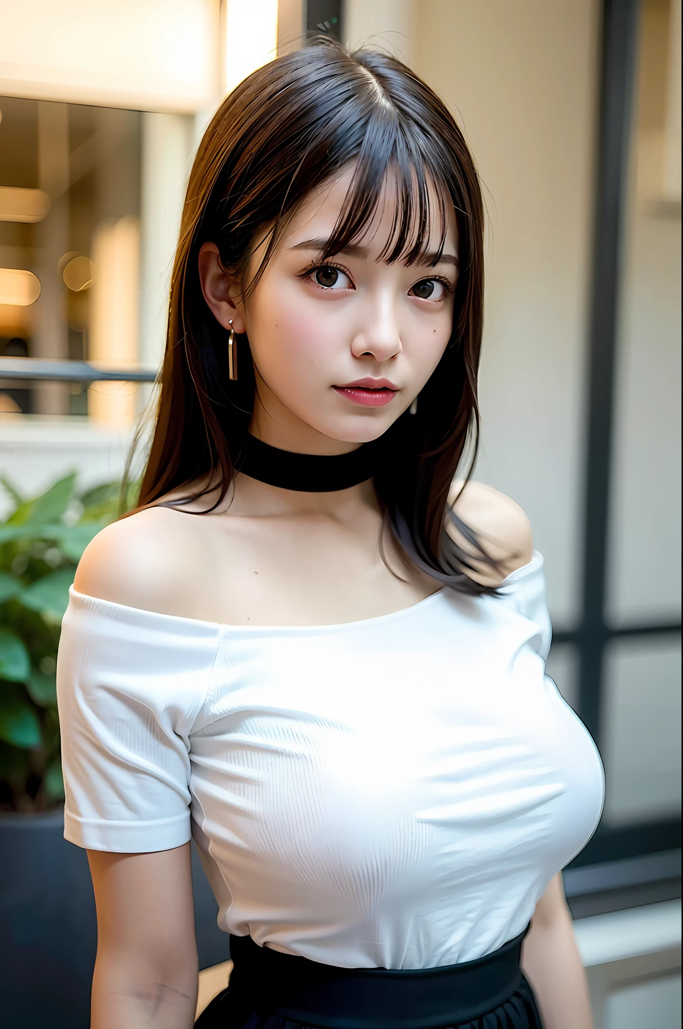 best quality, ultra high res, (photorealistic:1.4), 1girl, off-shoulder white shirt, black tight skirt, black choker, (faded ash gray hair:1), (huge breasts:1.2), looking at viewer, closeup ,