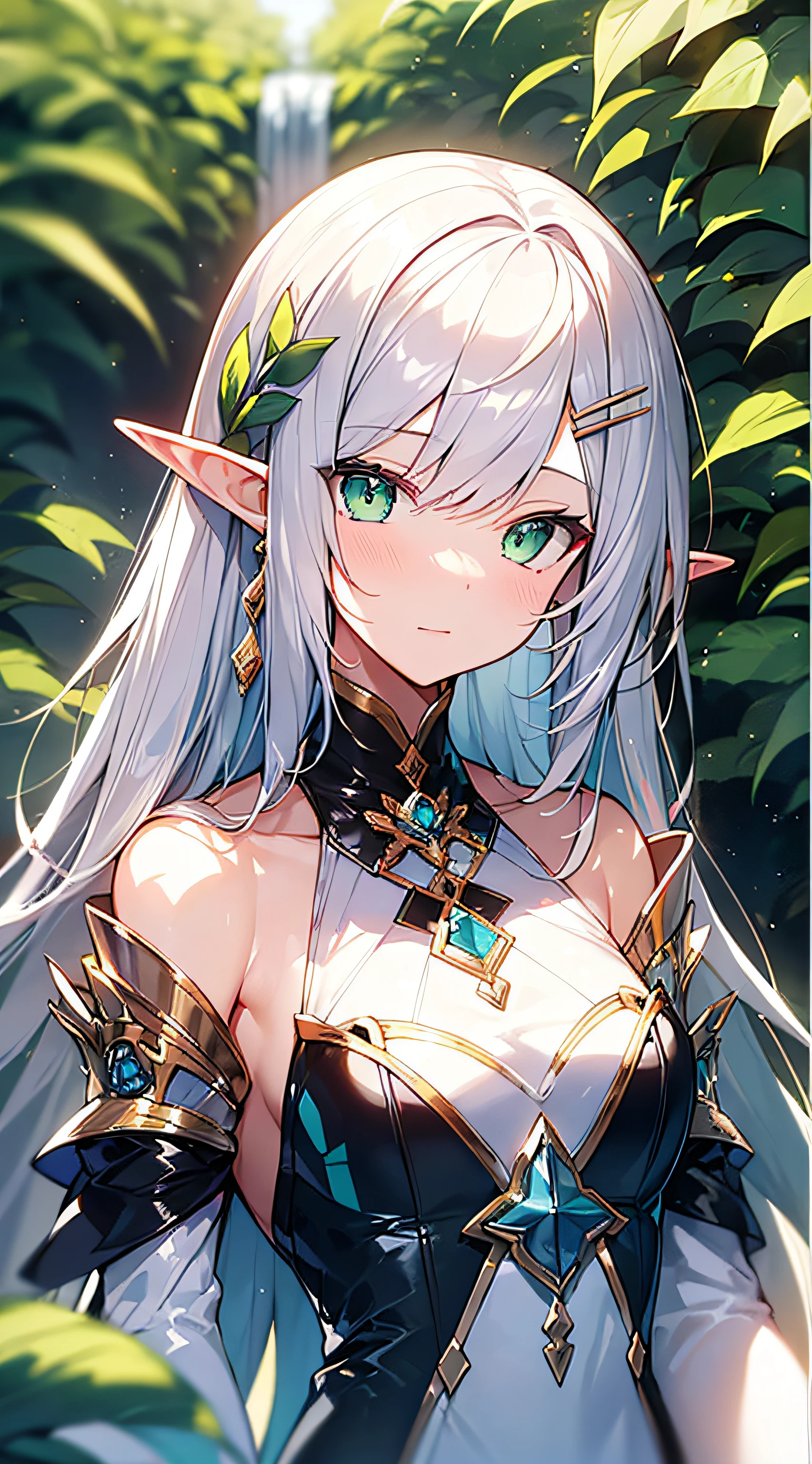 master masterpiece,, Superb Painting, illustration, 1 girl, cute, (Dynamic Light: 1.2), cinematic light, Delicate Facial Features, (pretty eyes: 1.2), (Bright Green Eyes: 1.233), Waterfall Braid, extra long white hair, elf ears, depth offield、, background bokeh, Crisp focus, (super detailed, aura,, glow: 1.4), Long White Hair, beautiful girly face, fair, medium, (bare shoulders: 1.1), 1.1), dress, trimmed white, delicate gorgeous, (slit sleeves, wide sleeves), leafy green hairpin