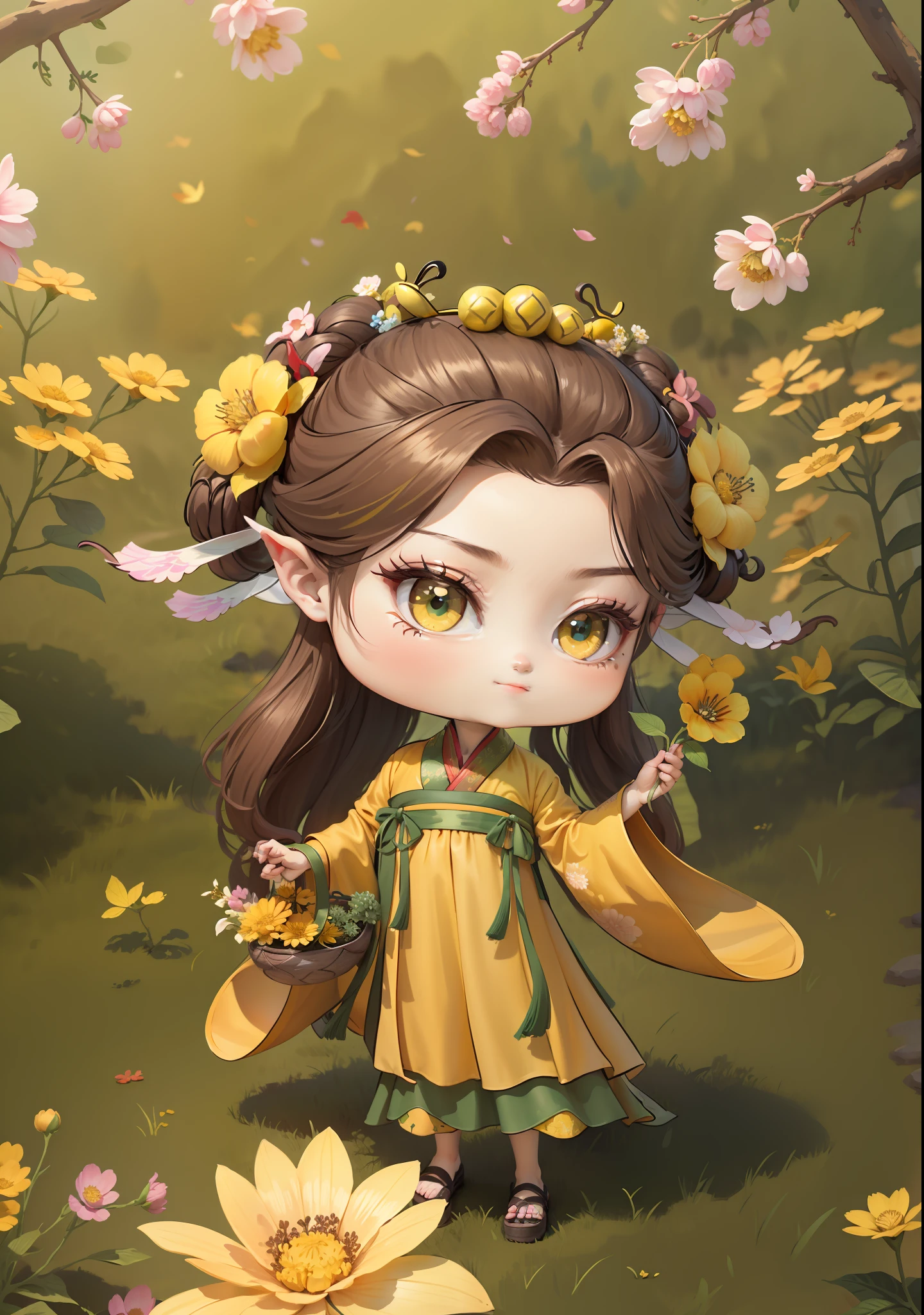 A Chinese girl in Hanfu,One hand holding a flower basket,Holding a flower in one hand,The butterfly,autumn,Dealing with the heat,dark brown hair,Ancient Chinese hair buns,pattern,Yellow-green color scheme,On both sides of the hair are flower hair accessories,Some metallic flower headdresses,The color block is clear,Bright colors,arte de linha,unlimited details,Fine painting,Beautifully portrayed,空白背景 8k