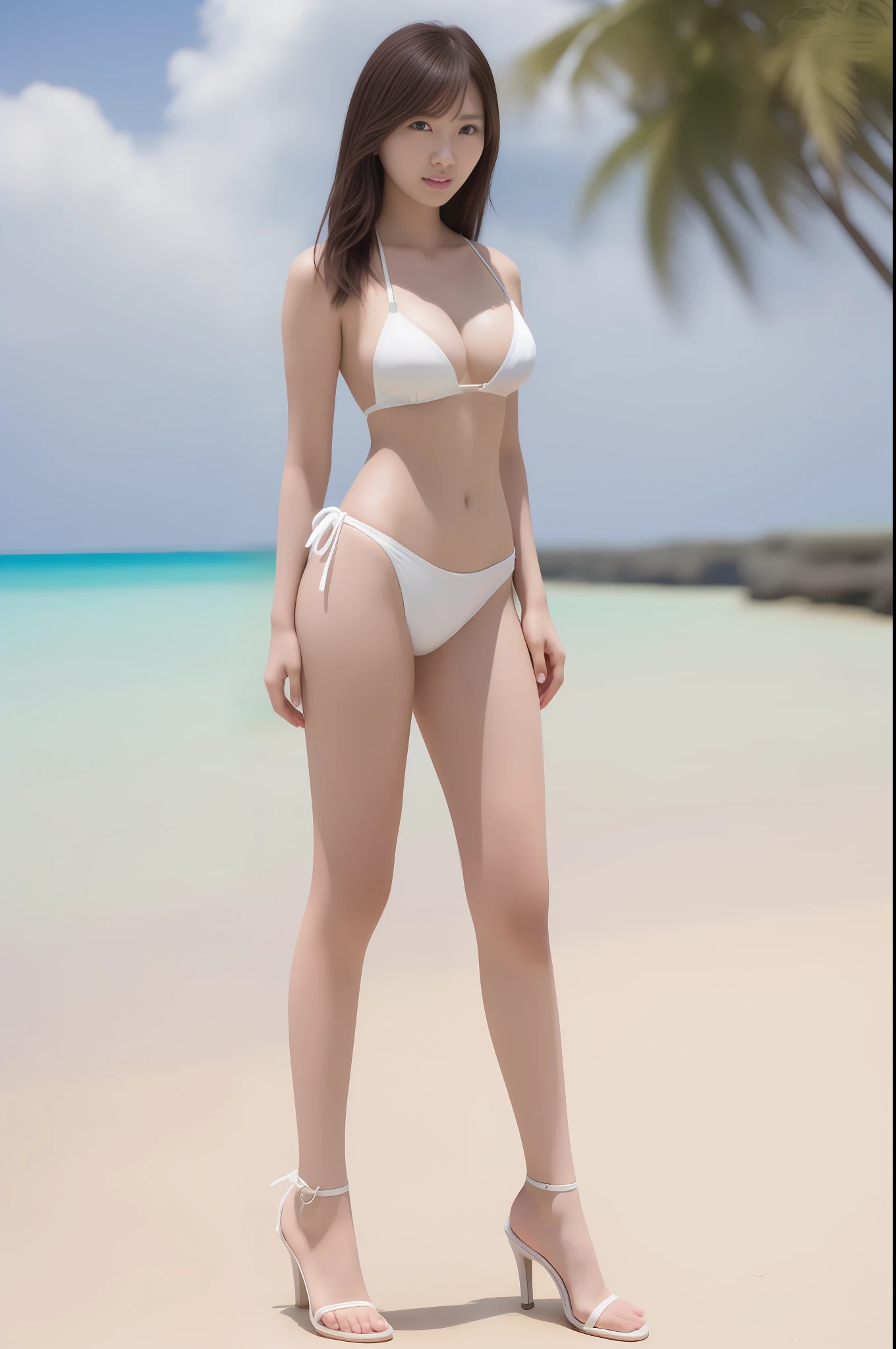 The Highest Quality、master masterpiece、HIGH DEFINITION、PHOTOREALISTIC、ultra Realistic、sun tyndall effect、PHOTOREALISTIC、(High Detail Skins:)、8K UHD、Dslr、Soft lighting、HIGH QUALITY、Volumetric lighting、candid photo、whole body photo、HIGH DEFINITION、4K、8K、bokeh、ultra Realistic8K CG、There is a woman in a white micro bikini standing on the beach、Realistic Micro Bikini、photorealistic perfect body、huge  boobs、FULL BODY、bikini model、white microbikini、Beautiful asian girl、Sexy Bikini、 gravure model, Costumes: MICROBIKINI, Sexy Girls, beautiful model girl, Perfect body,