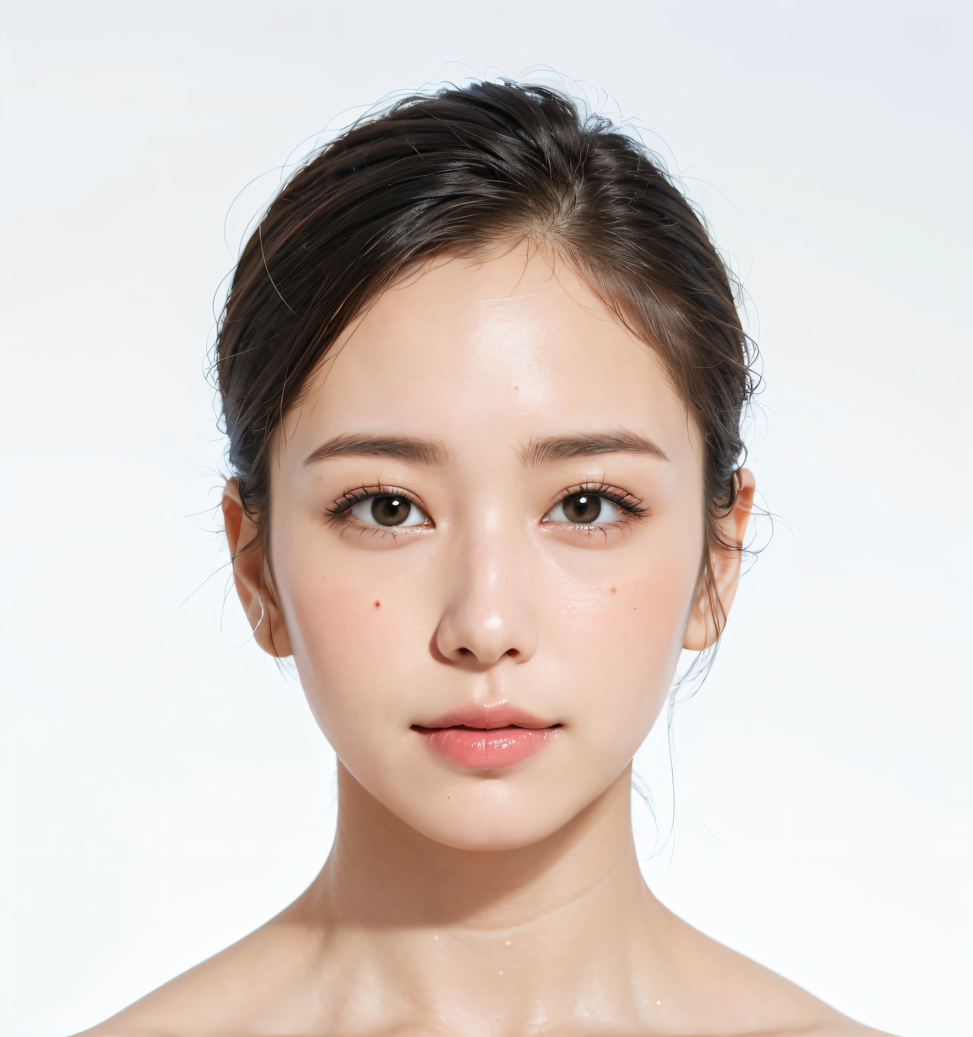 ((master masterpiece,, topquality, HIGH DEFINITION)), 1 girl, (photorealistic: 1.4), solo, white background, snowing,-white background, mouth close, happy smile, happy smile, pretty black hair, bobed hair, with big eyes, clear double eyelids, Lashes, ears out, Long Neck, Long Neck, absolute area, ((face close-up)), (drawing all head, sshoulder), 19 years old, Attractive proportions, shiny glossy skin, Clean collarbone, golden ratio face, perfect face, Teardrop mole, mole on chest, hair bangs,, clean bangs, Gloss on lips, Thin Lips, pale skin,, big breasts, small face, small face, drawing all head, draw all shoulders