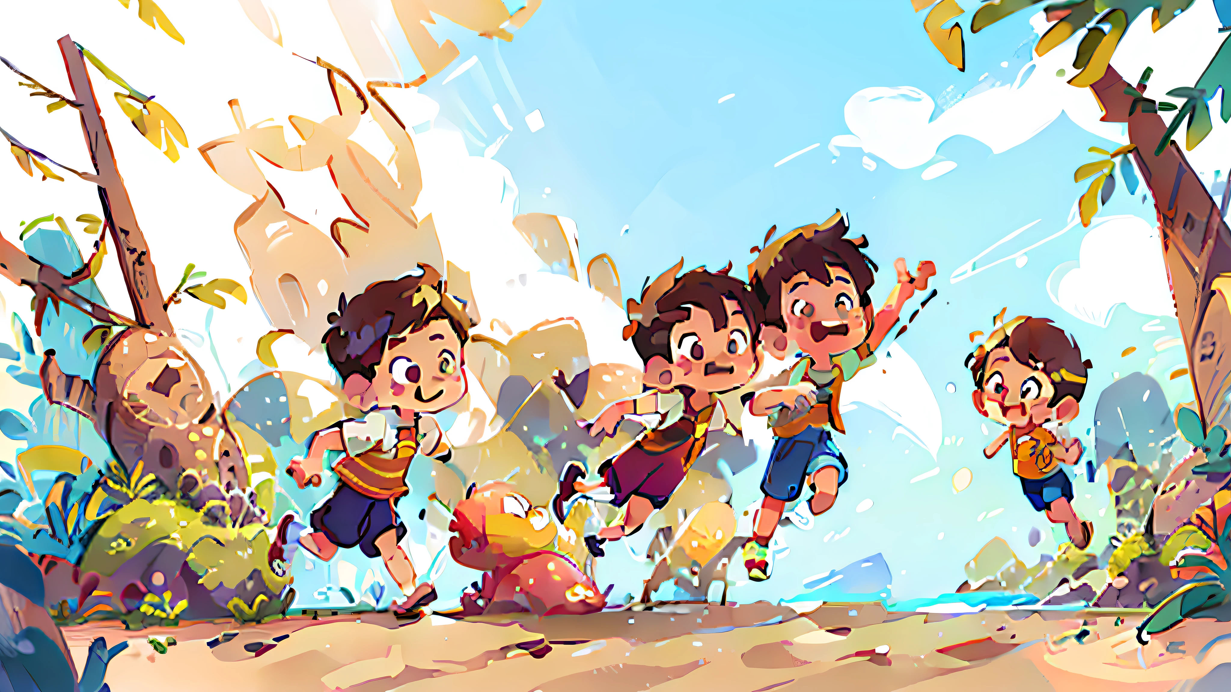 Two handsome boys sunny positive energy boys, an Asian boy, a European boy, chibi proportions, stylish shoes, full body, seaside running and jumping action, background with sun, sand, sea, blender, candy color, fashion trend, super details