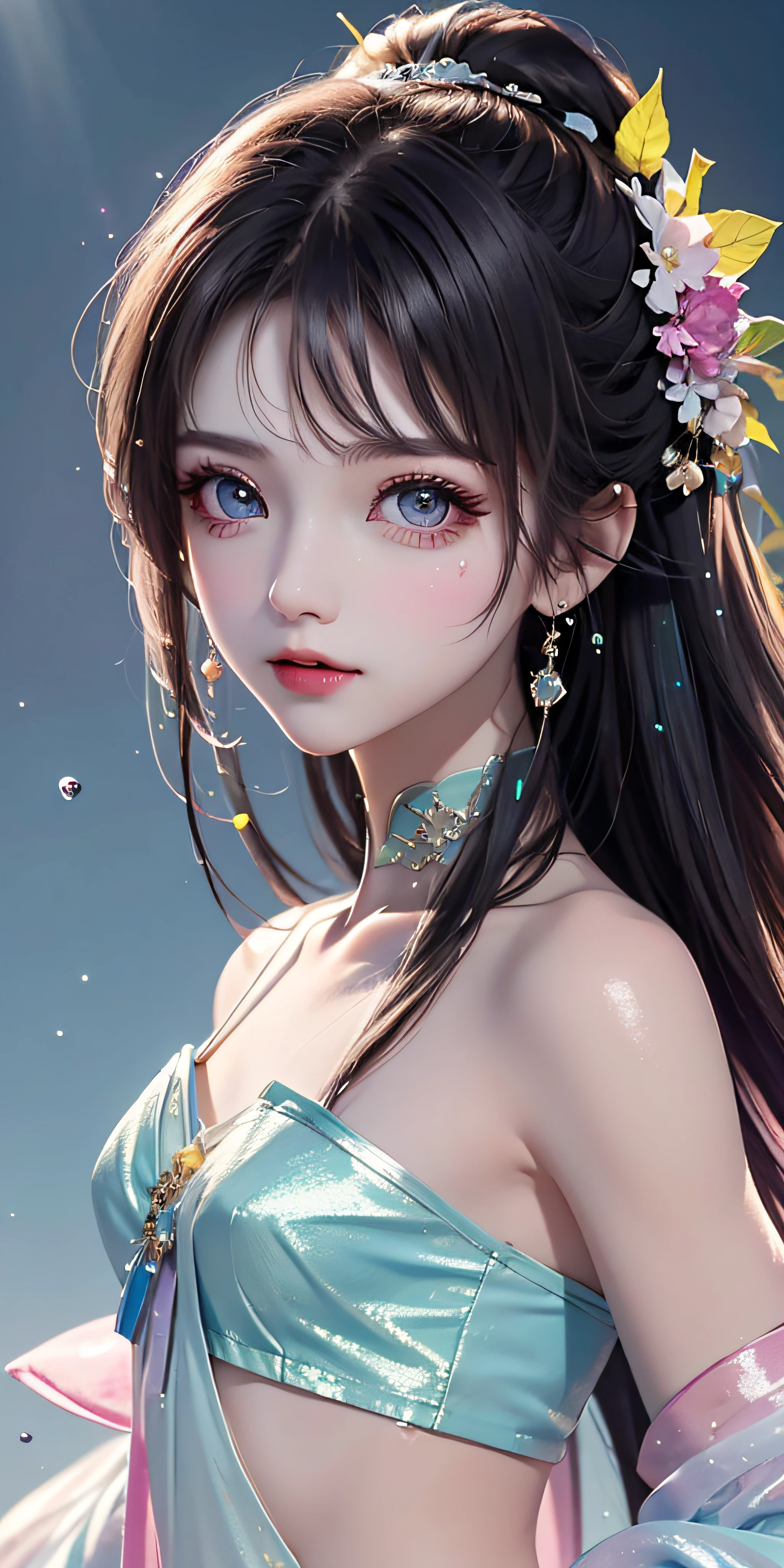 （Pink fashion T-Camisa，：1.9），（Colorful hair：1.8），（Rainbow all colors：1.8），（（（（Vertical painting：1.6)）），（painterly：1.6），front side，comic,illustration,painterly,with big eyes,Crystal clear,（Iridescent gradient high ponytail：1.7）,elaborate makeup,closed Mouth,(Small fresh:1.5),(tube top:1.6),long lashes,White shoulder T- Camisa，, White Shoulder Shirt，looking at the viewers，watery big eyes，(rainbow color Hair：1.6), Color Splash, （solo：1.8）, Color Splash, Color explosion, Color Splash, Color explosion, Thick lacquer style，Messy lines，((Shiny,)) ，(colorful), Thick Paint Style, (Splash) (Color Splash), Vertical Painting, upper  body, Paint Splash, Acrylic Pigment, Gradient, Paint, Highest Image Quality, the highest picture quality, Masterpiece, Solo, depth offield, Face Paint, colorful clothes, (elegence: 1.2), Ornate, long haired, aeolian, (elegence: 1.3), (petaled: 1.4)，(((master masterpiece))),(((the best quality t))),((ultra Detailed)),(illustartion),(Dynamic Angle),((floating)),(painti),((Loose hair)),(solo),(1girl) , (( (Detailed anima face))),((Beautiful detailed face)),collars,Shoulders exposed,White Hair,((colourfel hair)),((streaked hair)),Beautiful detailed eyes,(Gradient eyes),(( （color eyes））），（（（colorfully background））），（（（high satur））），（（（Surrounded by colorful splashes））），（Hanfu）
