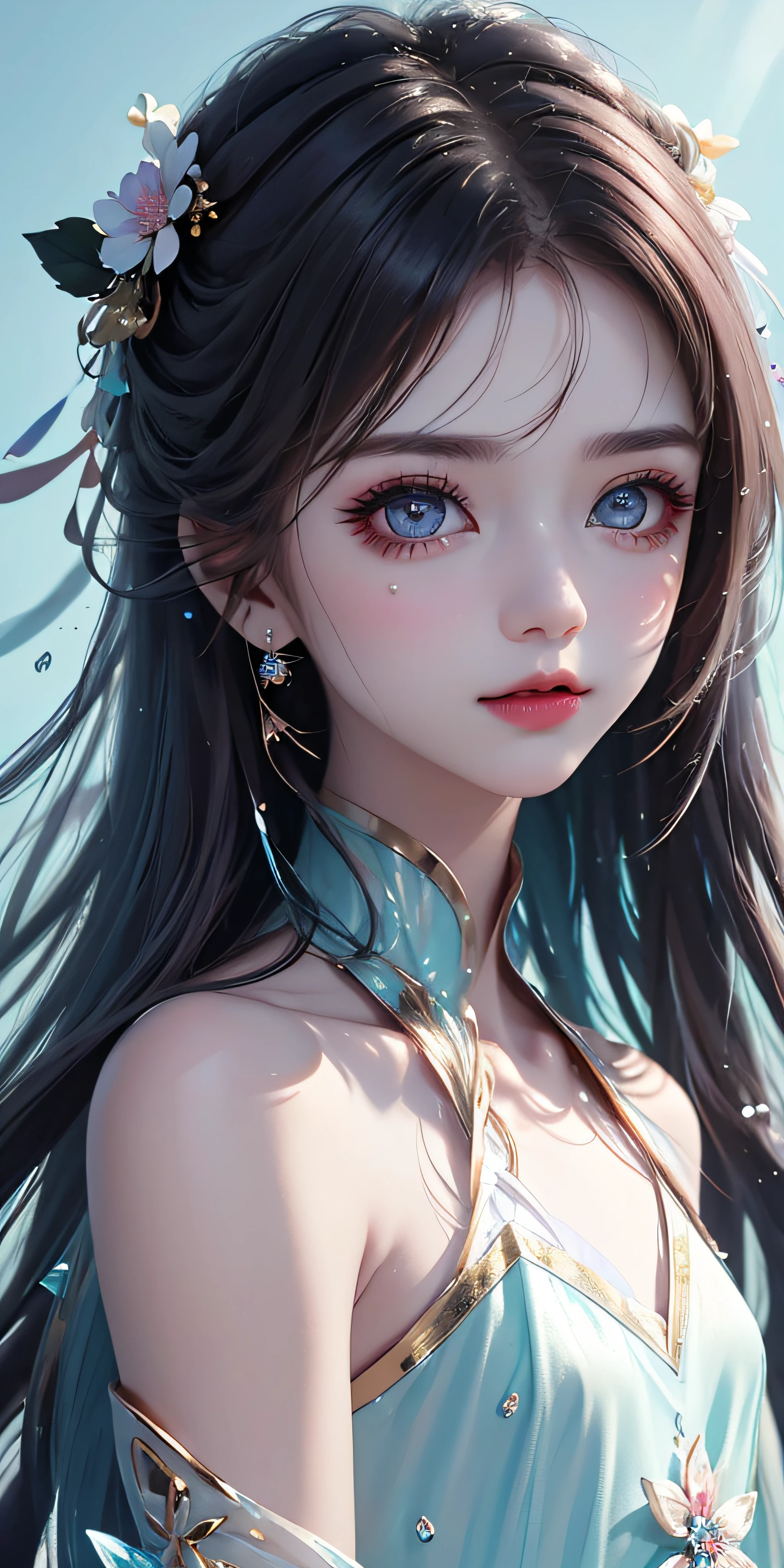 (Pink fashion T-Camisa,:1.9),(Colorful hair:1.8),(Rainbow all colors:1.8),((((Vertical painting:1.6))),(painterly:1.6),front side,comic,illustration,painterly,with big eyes,Crystal clear,(Iridescent gradient high ponytail:1.7),elaborate makeup,closed Mouth,(Small fresh:1.5),long lashes,White shoulder T- Camisa,, White Shoulder Shirt,looking at the viewers,watery big eyes,(rainbow color Hair:1.6), Color Splash, (solo:1.8), Color Splash, Color explosion, Color Splash, Color explosion, Thick lacquer style,Messy lines,((Shiny,)) ,(colorful,,), Thick Paint Style, (Splash) (Color Splash), Vertical Painting, upper body, Paint Splash, Acrylic Pigment, Gradient, Paint, Highest Image Quality, the highest picture quality, Masterpiece, Solo, depth offield, Face Paint, colorful clothes, (elegence: 1.2), Ornate, long haired, aeolian, (elegence: 1.3), (petaled: 1.4),(((master masterpiece))),(((the best quality t))),((ultra Detailed)),(illustartion),(Dynamic Angle),((floating)),(painti),((Loose hair)),(solo),(1girl) , (( (Detailed anima face))),((Beautiful detailed face)),collars,Shoulders exposed,White Hair,((colourfel hair)),((streaked hair)),Beautiful detailed eyes,(Gradient eyes),(( (color eyes))),(((colorfully background))),(((high satur))),(((Surrounded by colorful splashes))),(Hanfu)