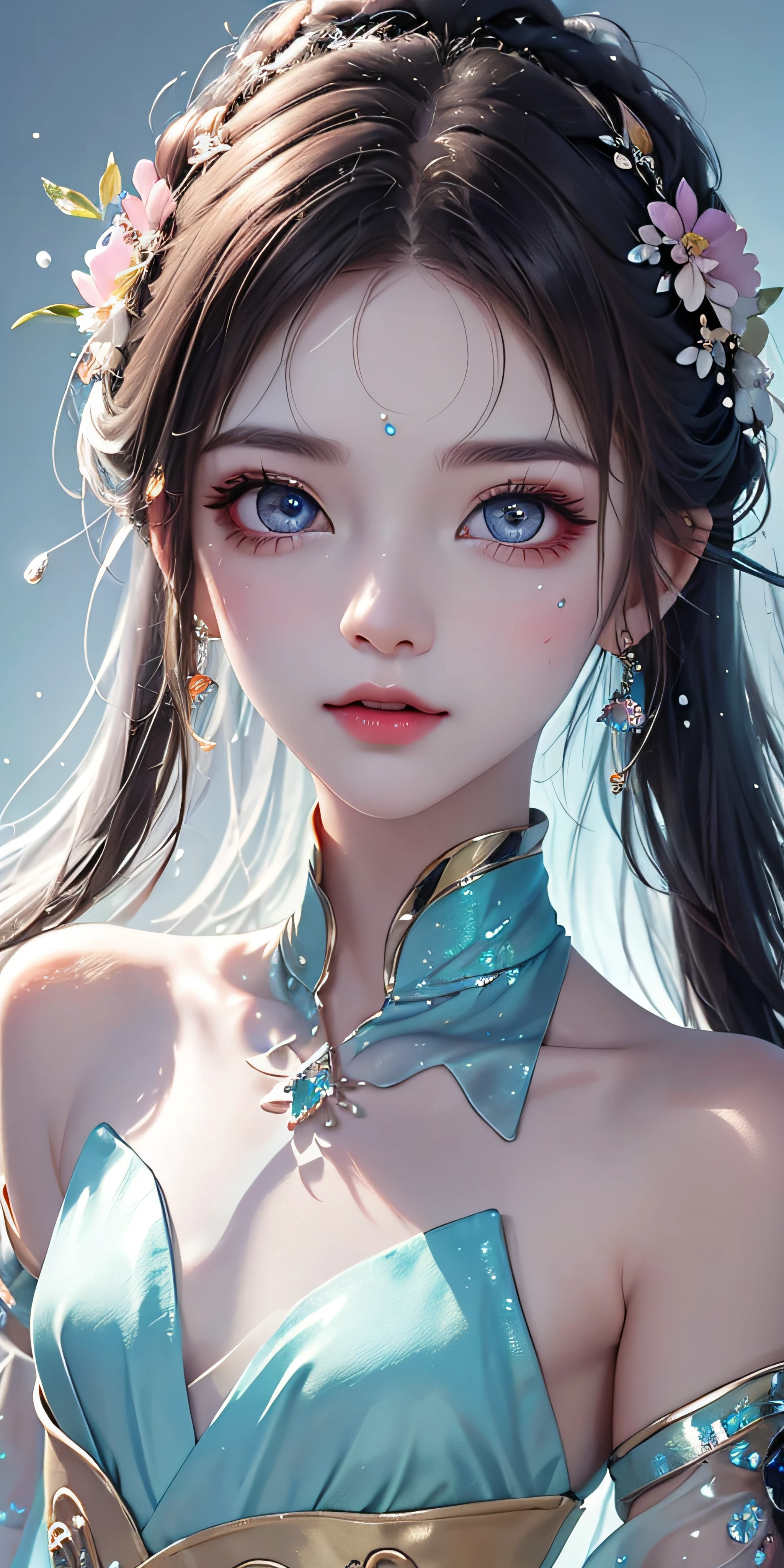 （Pink fashion T-Camisa，：1.9），（Colorful hair：1.8），（Rainbow all colors：1.8），（（（（Vertical painting：1.6)）），（painterly：1.6），front side，comic,illustration,painterly,with big eyes,Crystal clear,（Iridescent gradient high ponytail：1.7）,elaborate makeup,closed Mouth,(Small fresh:1.5),long lashes,White shoulder T- Camisa，, White Shoulder Shirt，looking at the viewers，watery big eyes，(rainbow color Hair：1.6), Color Splash, （solo：1.8）, Color Splash, Color explosion, Color Splash, Color explosion, Thick lacquer style，Messy lines，((Shiny,)) ，(colorful，，), Thick Paint Style, (Splash) (Color Splash), Vertical Painting, upper  body, Paint Splash, Acrylic Pigment, Gradient, Paint, Highest Image Quality, the highest picture quality, Masterpiece, Solo, depth offield, Face Paint, colorful clothes, (elegence: 1.2), Ornate, long haired, aeolian, (elegence: 1.3), (petaled: 1.4)，(((master masterpiece))),(((the best quality t))),((ultra Detailed)),(illustartion),(Dynamic Angle),((floating)),(painti),((Loose hair)),(solo),(1girl) , (( (Detailed anima face))),((Beautiful detailed face)),collars,Shoulders exposed,White Hair,((colourfel hair)),((streaked hair)),Beautiful detailed eyes,(Gradient eyes),(( （color eyes））），（（（colorfully background））），（（（high satur））），（（（Surrounded by colorful splashes））），（Hanfu）