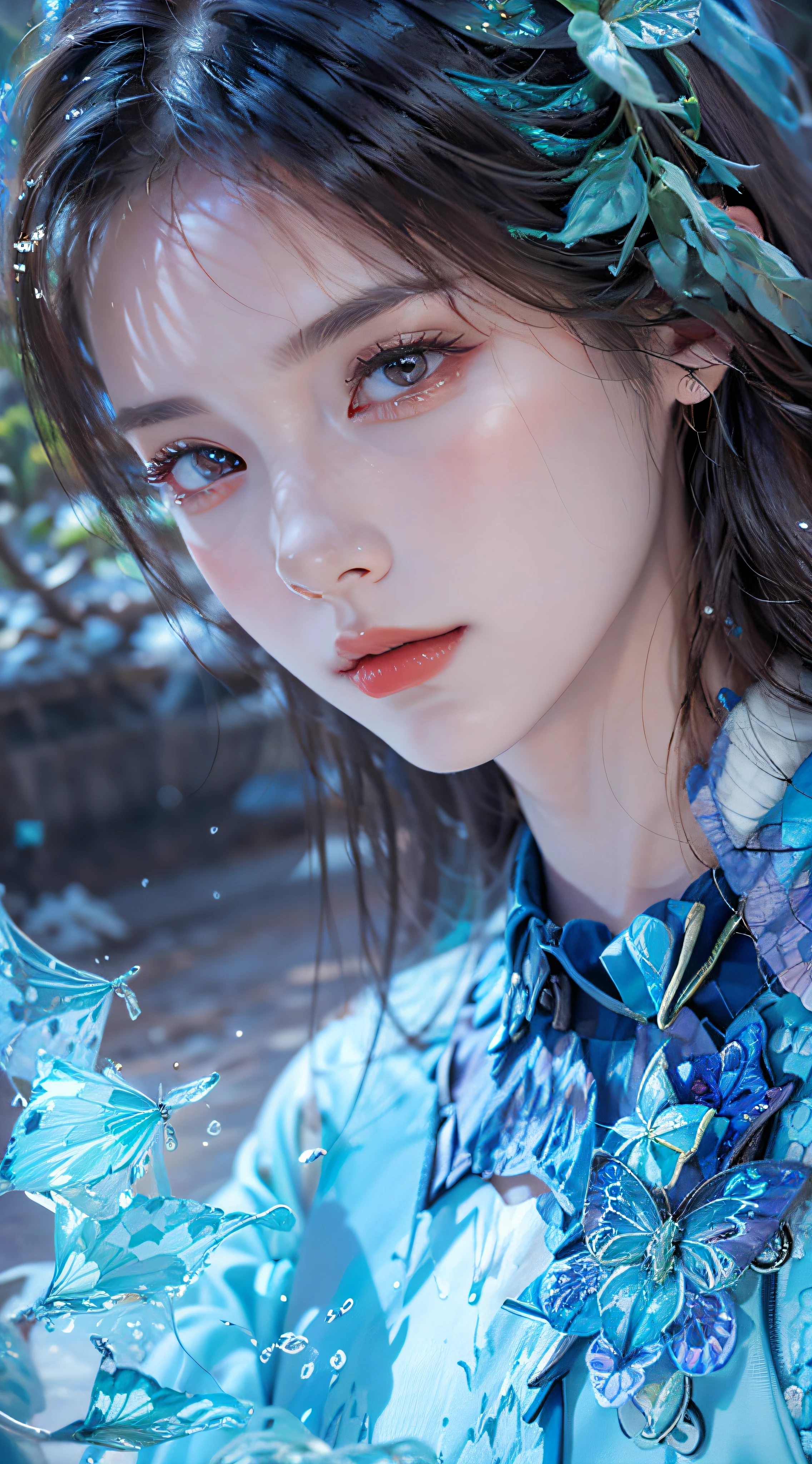 a close up of a woman with a butterfly on her shoulder, 8k high quality detailed art, game cg, 4 k detail fantasy, portrait knights of zodiac girl, hyperdetailed fantasy character, great digital art with details, from lineage 2, inspired by Leng Mei, 4k highly detailed digital art, closeup fantasy with water magic, lineage 2 revolution style