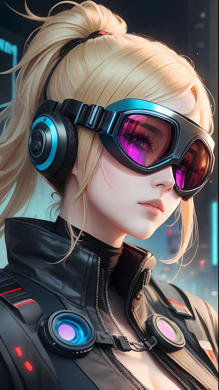 Blonde woman,Wears blue goggles and a black mechanical exoskeleton, Cyberpunk goggles, dreamy cyberpunk girl, beautiful cyberpunk girl face, The ultra-realistic cyberpunk style, Futuristic goggle lenses, inspired by Yanjun Cheng, muted cyberpunk style, aesthetic cyberpunk, in cyberpunk aesthetic, Cyberpunk Style, has cyberpunk style, beautiful cyberpunk woman model, cyberpunk anime girl, Beautiful Delfin,Octane number extraction,Rectangular goggles,Tindal Effect,The Yunderl effect。