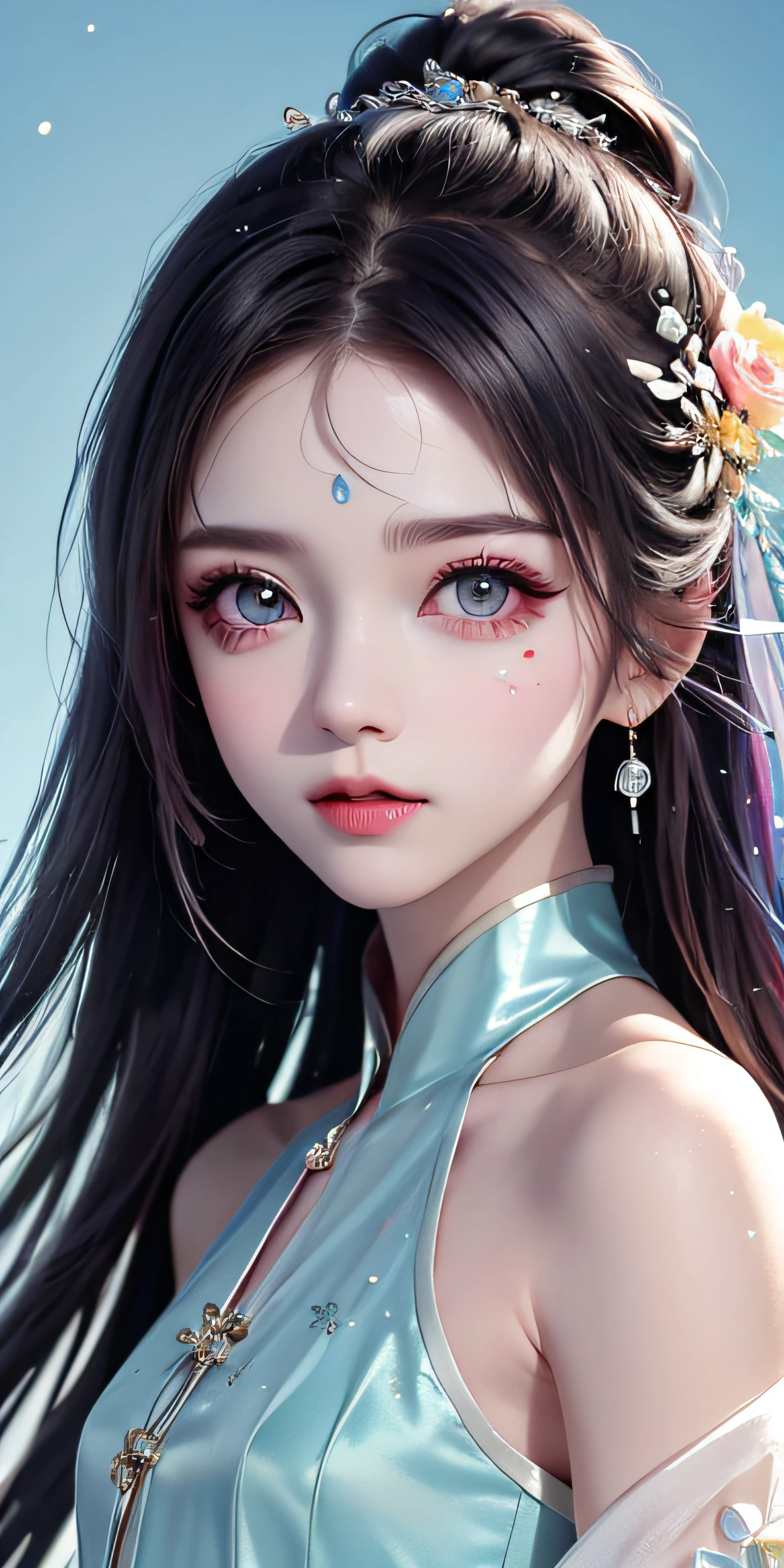（Pink fashion T-Camisa，：1.9），（Colorful hair：1.8），（Rainbow all colors：1.8），（（（（Vertical painting：1.6)）），（painterly：1.6），front side，comic,illustration,painterly,with big eyes,Crystal clear,（Iridescent gradient high ponytail：1.7）,elaborate makeup,closed Mouth,(Small fresh:1.5),long lashes,White shoulder T- Camisa，, White Shoulder Shirt，looking at the viewers，watery big eyes，(rainbow color Hair：1.6), Color Splash, （solo：1.8）, Color Splash, Color explosion, Color Splash, Color explosion, Thick lacquer style，Messy lines，((Shiny,)) ，(colorful，，，，), Thick Paint Style, (Splash) (Color Splash), Vertical Painting, upper  body, Paint Splash, Acrylic Pigment, Gradient, Paint, Highest Image Quality, the highest picture quality, Masterpiece, Solo, depth offield, Face Paint, colorful clothes, (elegence: 1.2), Ornate, long haired, aeolian, (elegence: 1.3), (petaled: 1.4)，(((master masterpiece))),(((the best quality t))),((ultra Detailed)),(illustartion),(Dynamic Angle),((floating)),(painti),((Loose hair)),(solo),(1girl) , (( (Detailed anima face))),((Beautiful detailed face)),collars,Shoulders exposed,White Hair,((colourfel hair)),((streaked hair)),Beautiful detailed eyes,(Gradient eyes),(( （color eyes））），（（（colorfully background））），（（（high satur））），（（（Surrounded by colorful splashes））），（）Hanfu）