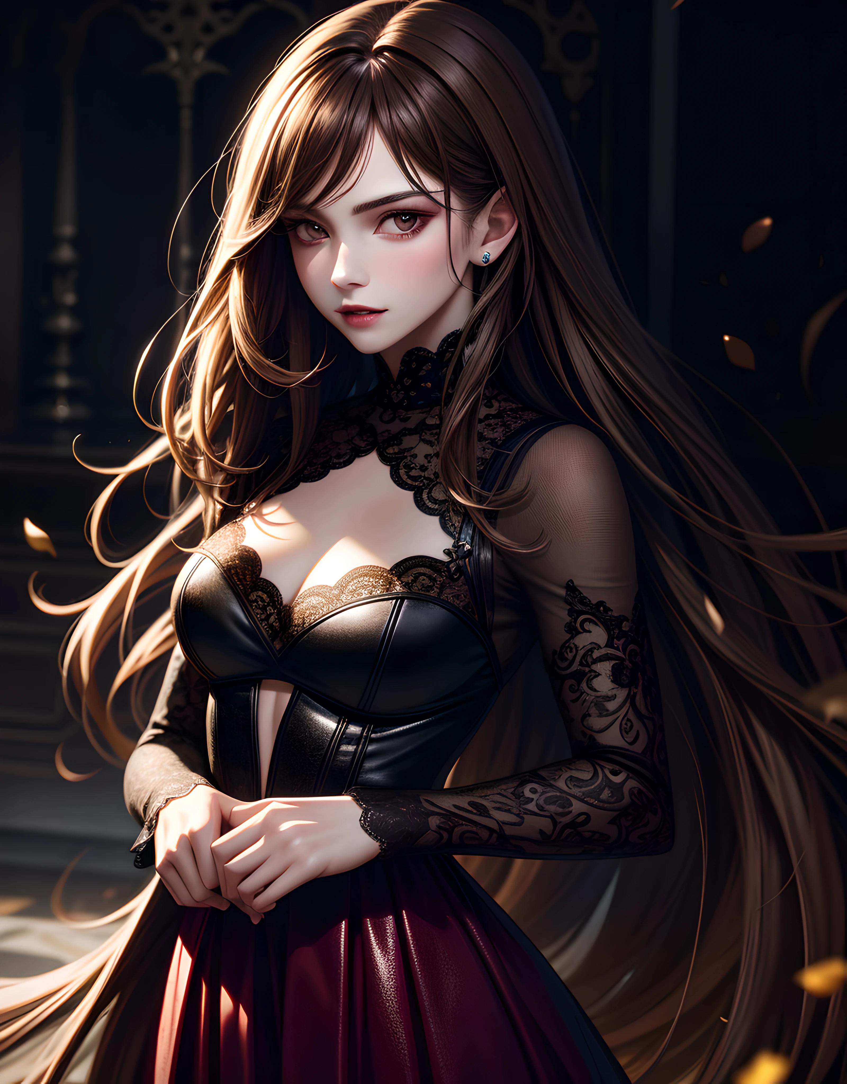 masterpiece, best quality, High quality texture, vampire, a realistic representation of the face, semi-realistic, long voluminous detailed brown hair, brown doe eyes, light pretty floral bokeh, lace dress, volumetric lighting, runway fashion model