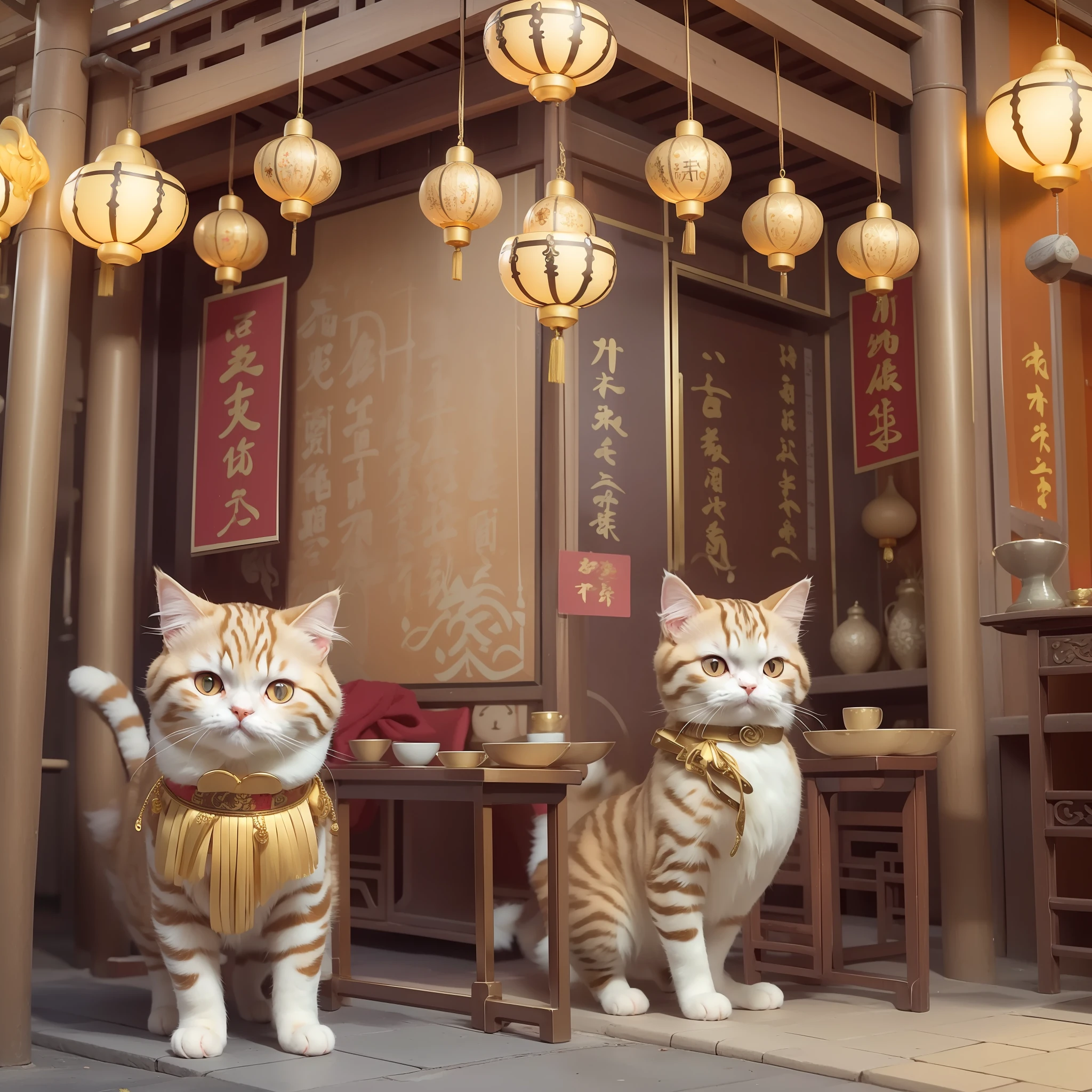 cat Scottish fold, cat golden fluffy fur,cute ,Chinese national costume,china town