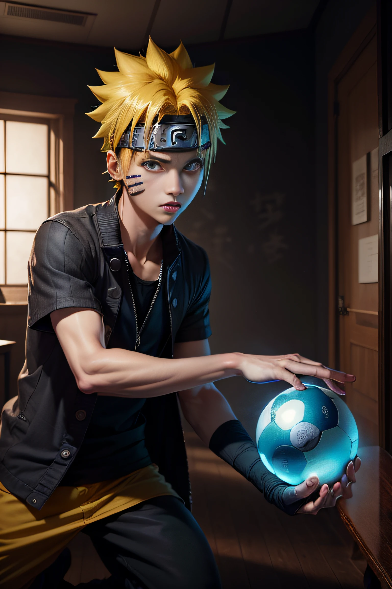 detail_background, Ninja, Uzumaki naruto, rasengan, Anime art, indoors, Yellow_hair, Uzumaki Naruto_Face, Blue_Eye, 1boy, perfect face, new face, ninja clothes, mask on the left side of the face,
high resolution, perfect eye, blue light ball in hand --auto