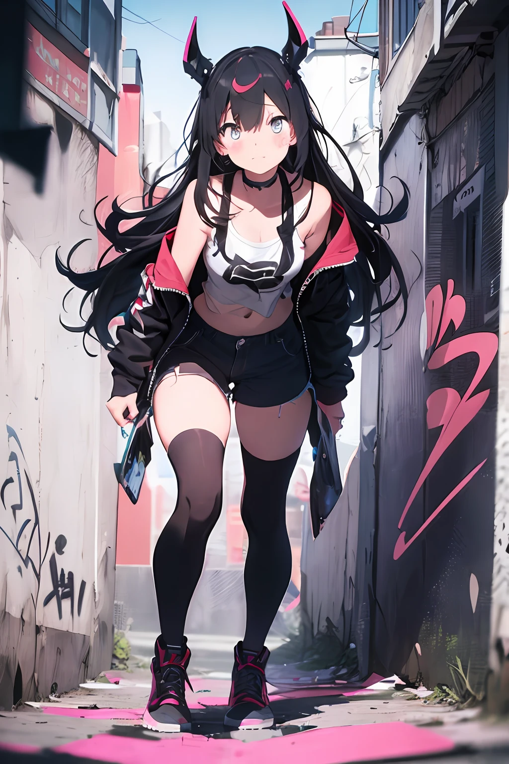 ((masterpiece)), ((best quality)), ((ultera-detailed)),(solo),(full body:1.35),(Cowboy shot),Long Shot,Full Shot,(dynamic angle),album,(error),
(1girl:1.3),pink hair,long hair, (solo:1.2),,(detailed and beautiful face:1.2),(++++(detailed and complex eyes)////),medium chest,[[[muscle]]],,(paint),((disheveled hair),colorful hair,streaked hair), bare shoulders, (streetwear),collar,((holding gift)), night,(neon light),light smile,looking at viewer,
poor handwriting ,((Graffiti background)), (Dim scene), (Complex and messy street fluorescent graffiti on the (wall:1.2)), Hip-Hop Style, Cool and fashionable hoodies, contour deepening,comic,Double exposure, (Chromatic Aberration), Light leaks, Noise and grain, Color degradation,design, art, abstract art, geometry, clear lines, squares, bright, limited palette