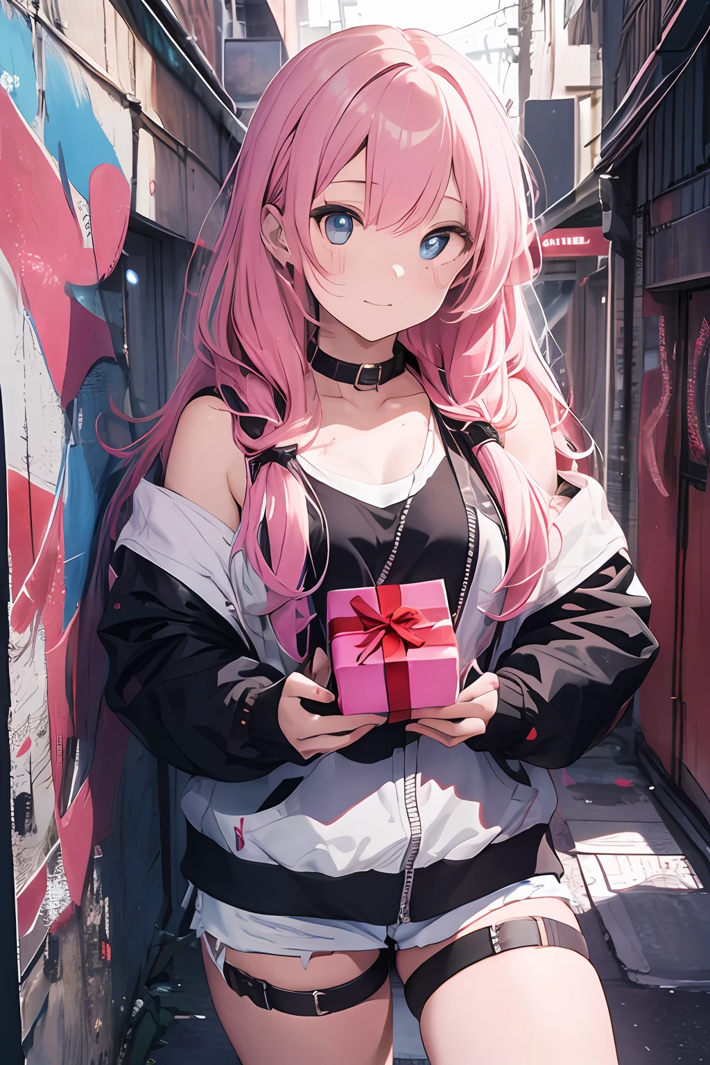 ((masterpiece)), ((best quality)), ((ultera-detailed)),(solo),(full body:1.35),(Cowboy shot),Long Shot,Full Shot,(dynamic angle),album,(error),
(1girl:1.3),pink hair,long hair, (solo:1.2),,(detailed and beautiful face:1.2),(++++(detailed and complex eyes)////),medium chest,[[[muscle]]],,(paint),((disheveled hair),colorful hair,streaked hair), bare shoulders, (streetwear),collar,((holding gift)), night,(neon light),light smile,looking at viewer,
poor handwriting ,((Graffiti background)), (Dim scene), (Complex and messy street fluorescent graffiti on the (wall:1.2)), Hip-Hop Style, Cool and fashionable hoodies, contour deepening,comic,Double exposure, (Chromatic Aberration), Light leaks, Noise and grain, Color degradation,design, art, abstract art, geometry, clear lines, squares, bright, limited palette