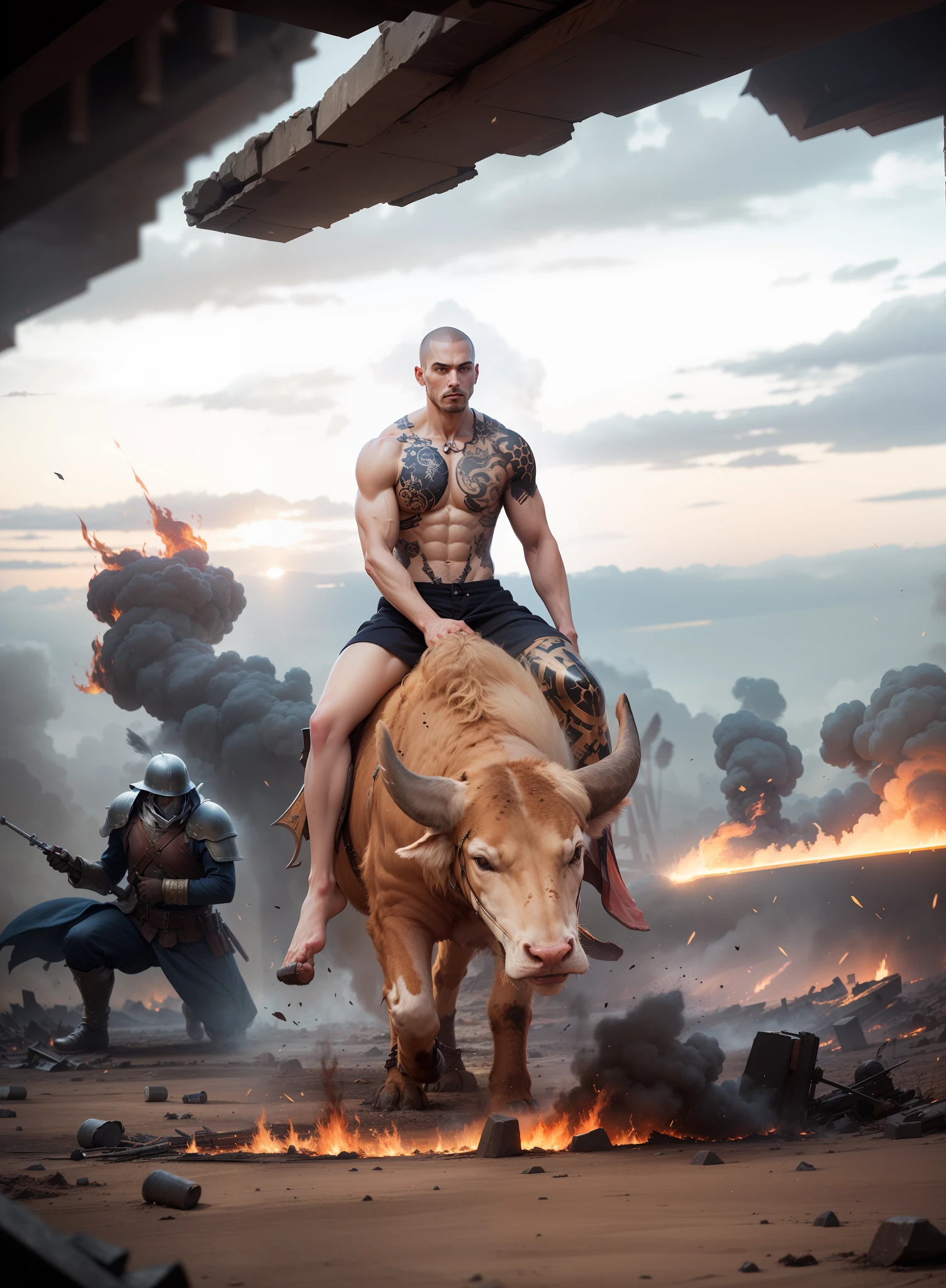 Fire and ashes, war battle, dark and magical background, cloudy