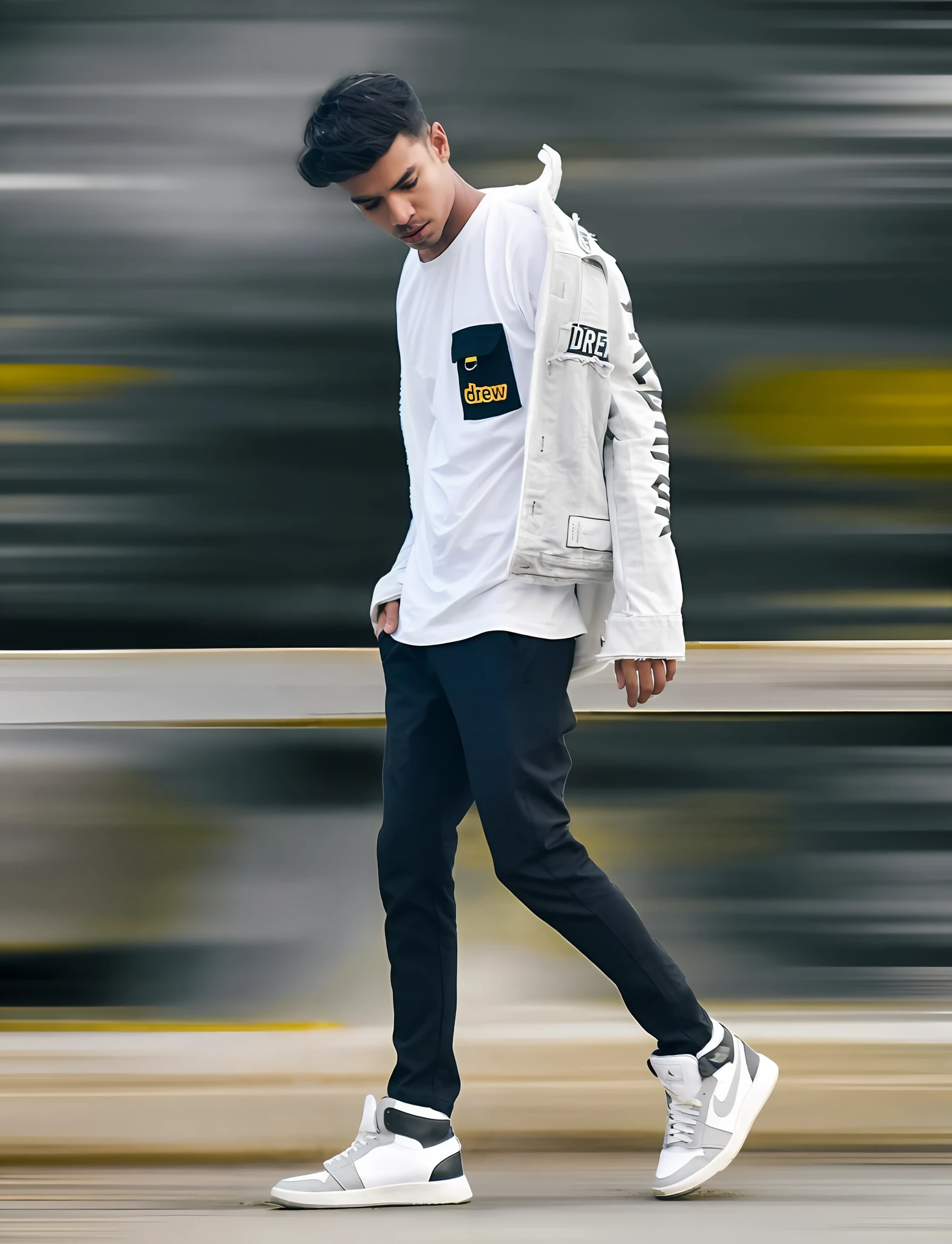 arafed man in white jacket and black pants skateboarding down a street, casual streetwear, streetwear fashion, wearing off - white style, outlive streetwear collection, off - white style, street clothing, street clothes, streetwear, wearing urban techwear, full body profile pose, really cool pose, wearing adidas clothing, very cool pose, trending on r/streetwear sunset