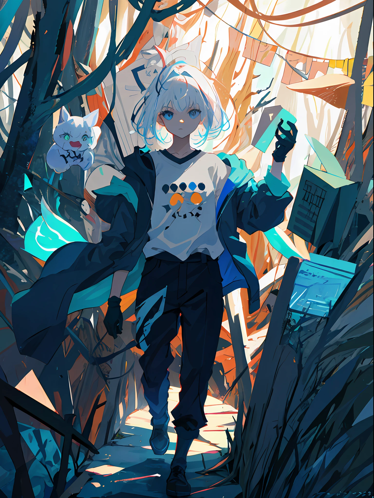 master masterpiece，high quallity，A female investigator wears a student uniform，anime girl with white hair and black gloves walking through a forest, artwork in the style of guweiz, Guwiz, anime lush john 8k woods, anime cover,detailed anime character art, anime style 4 k, The character depiction is very detailed，The female investigator in the picture has multiple scars，It gives a terrifying feeling that the female investigator wears a jacket，The whole image is very nuanced。