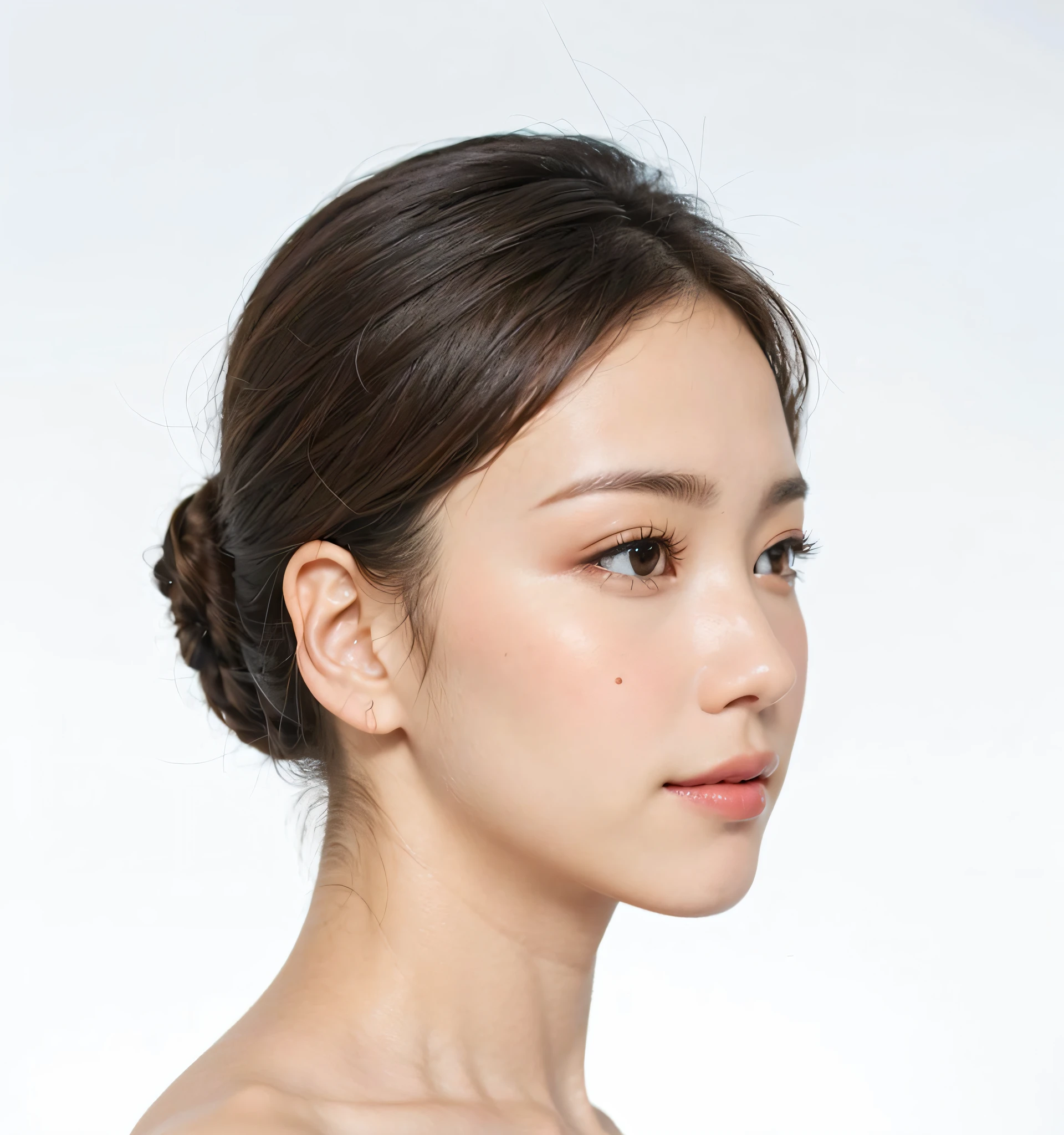 ((master masterpiece,, topquality, HIGH DEFINITION)), 1 girl, (photorealistic: 1.4), solo, white background, snowing,-white background, mouth close, happy smile, happy smile, pretty black hair, bobed hair, with big eyes, clear double eyelids, Lashes, ears out, Long Neck, Long Neck, absolute area, ((face close-up)), (drawing all head, sshoulder), 19 years old, Attractive proportions, shiny glossy skin, Clean collarbone, golden ratio face, perfect face, Teardrop mole, mole on chest, hair bangs,, clean bangs, Gloss on lips, Thin Lips, pale skin,, big breasts, small face, small face, drawing all head, draw all shoulders