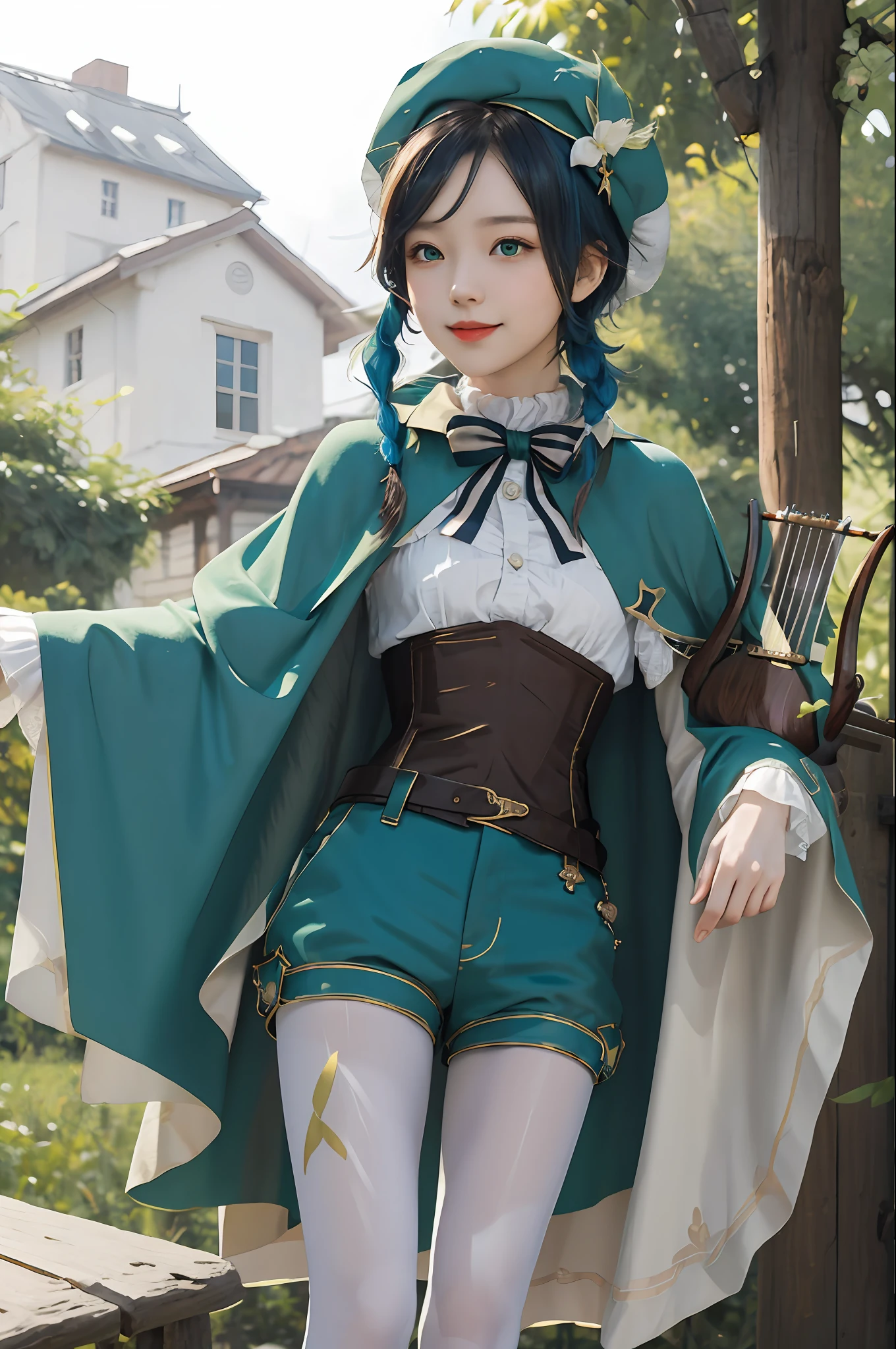 master masterpiece，best best quality，1girl，lyre，BLACK HAIR，bonnet，Sorrisos，Pigtails，LONG SLEEVES，twin pigtails，Gradient hair，Multicolored hair，Musical Instrument，Pantyhose，bows，shortpants，Blue Hair，Green tiara，Beret，White pantyhose，green shorts，Cloak with collar，hair bangs，Camisa，jewellery，looking at the viewers，whiteshirt，brooch，capelet，hermaphroditism，frilled sleeves，frilled，Corset，Short hair and long locks，out door，